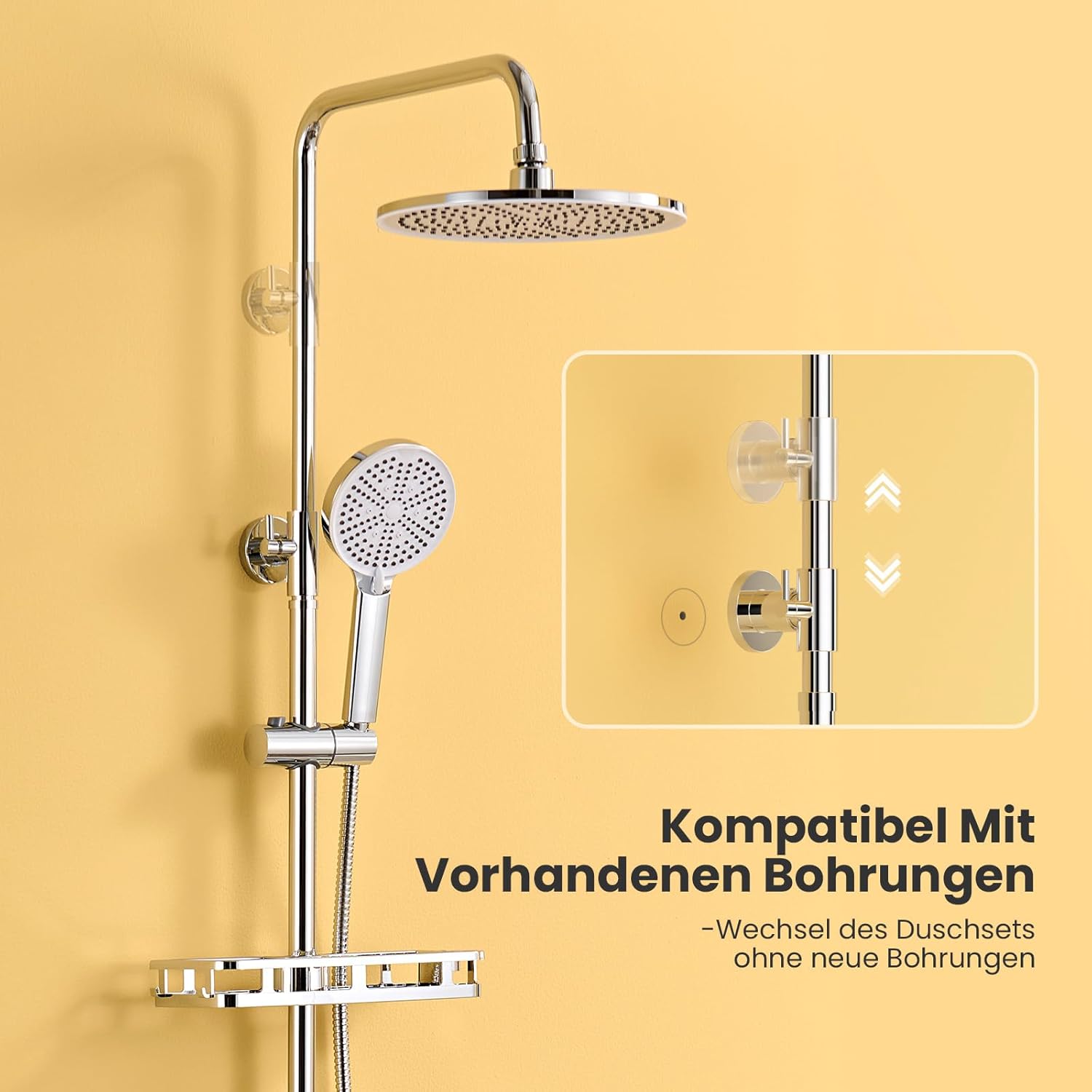 Thumbnail 1 de AuraLum Auralum Regendusche ohne Armatur – Edelstahl-Duschsystem mit Ø250-mm-Überkopfbrause, Messing-Wasserteiler und Bohrfrei-Regal (Chrom)