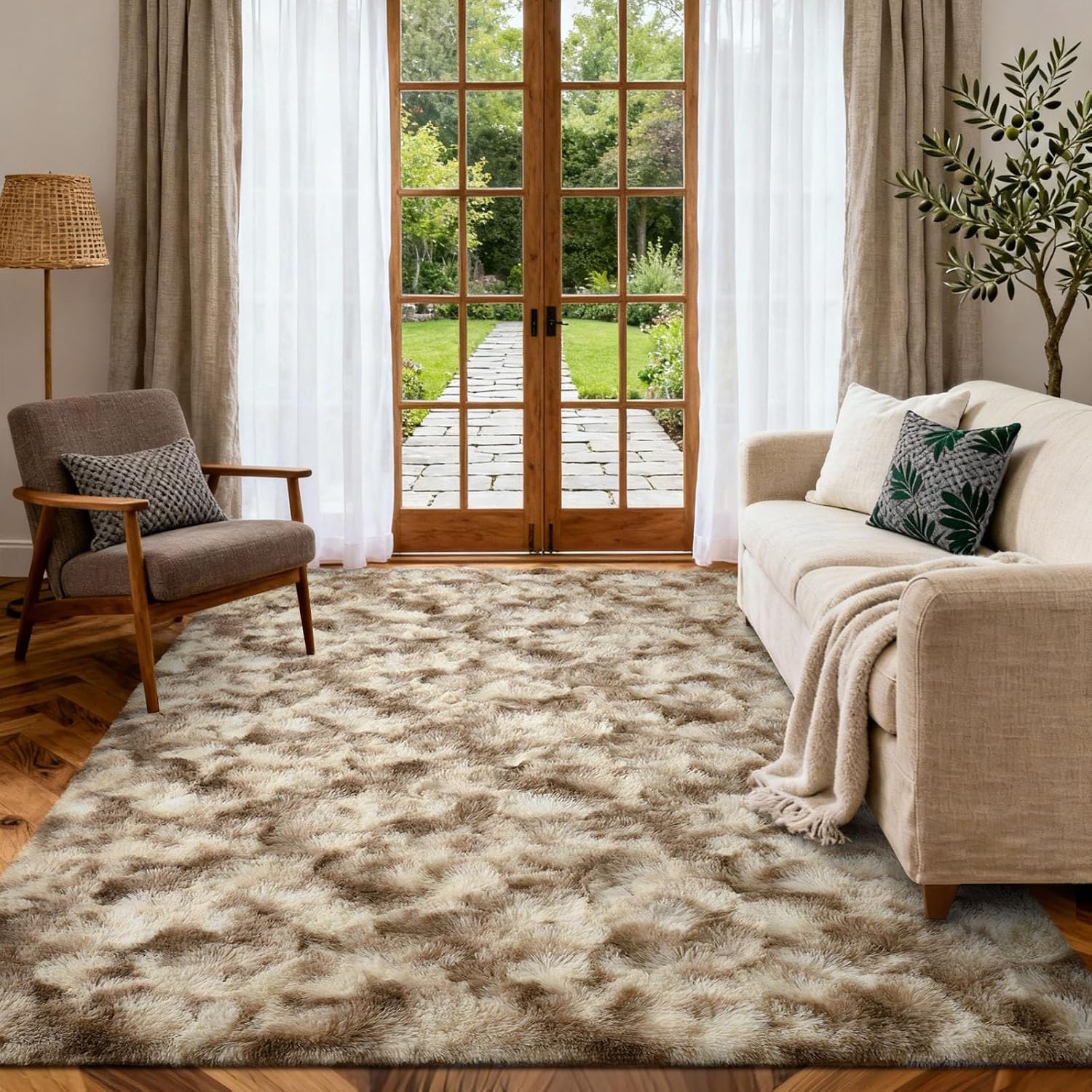 Thumbnail 1 de 5x7 Ft Large Shag Rug in Khaki — Ultra-Soft Tie-Dyed Plush for Bedroom & Living Room