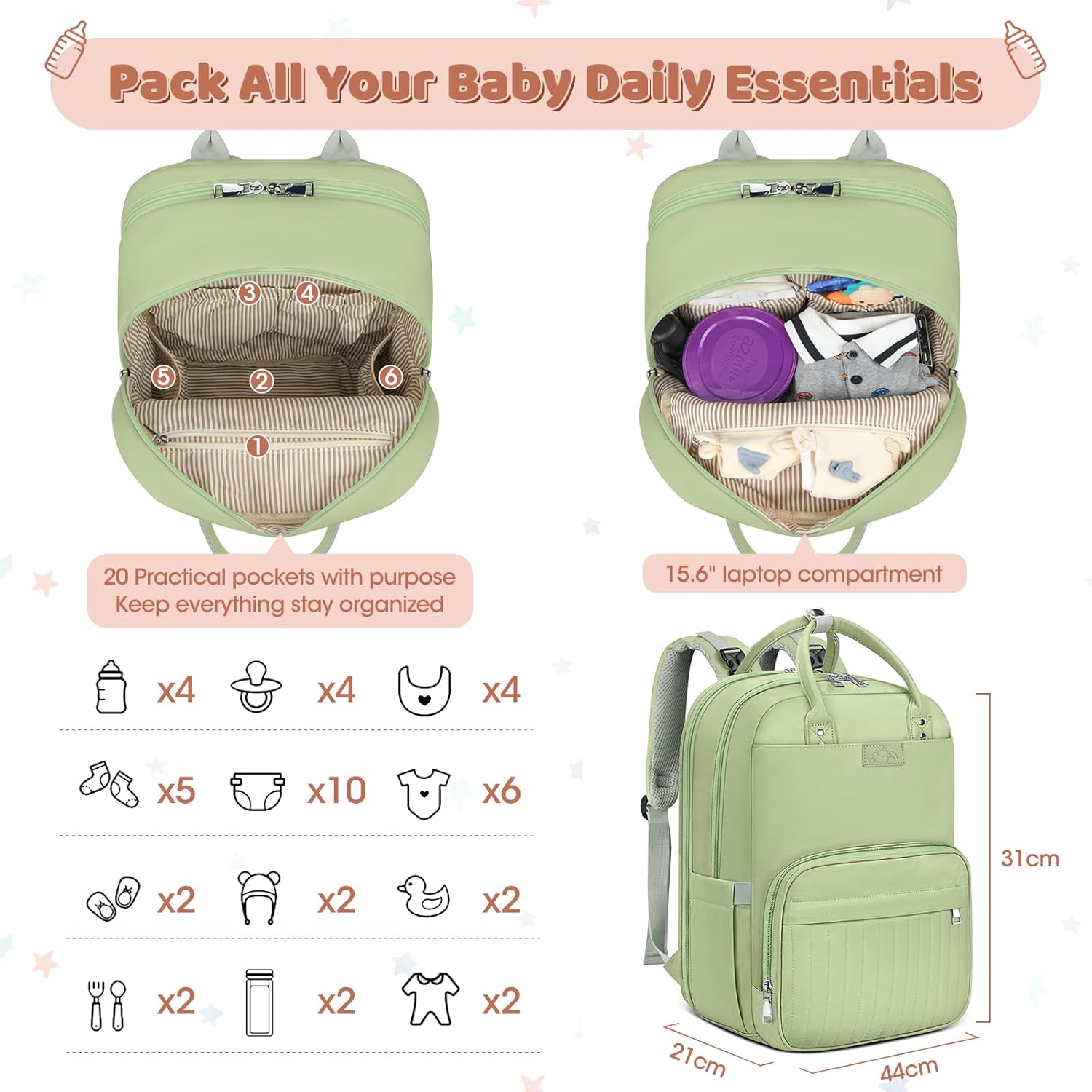 Thumbnail 1 de RAINSMORE Baby Wickelrucksack Groß inkl. Kinderwagengurten und Wickelunterlage – 3-teiliges Set, Schwarz (Hellgrün)