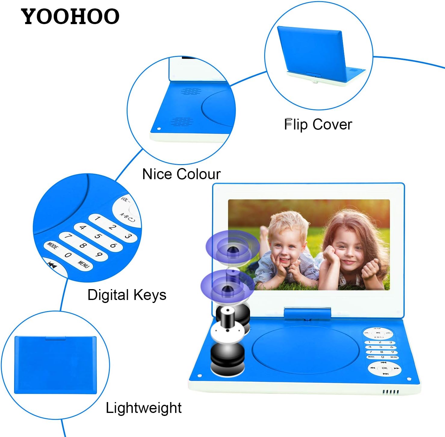 Detalle de YOOHOO Lecteur DVD portable 12,5" avec écran pivotant 270° et batterie rechargeable – divertissement nomade