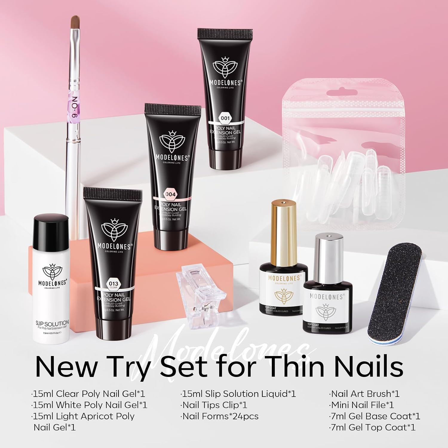 Detalle de Modelones Poly Gel Nail Kit: 3 Colors Clear, White & Apricot with Slip Solution and Dual Nail Forms