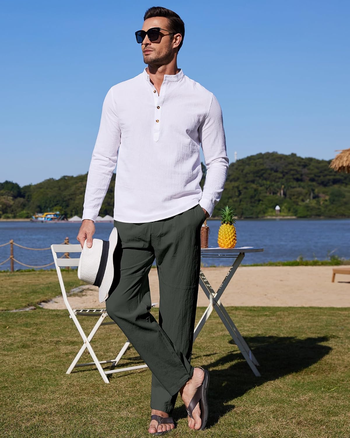 Thumbnail 3 de YAOBAOLE Pantalon homme en lin et coton décontracté – toile légère à taille élastique