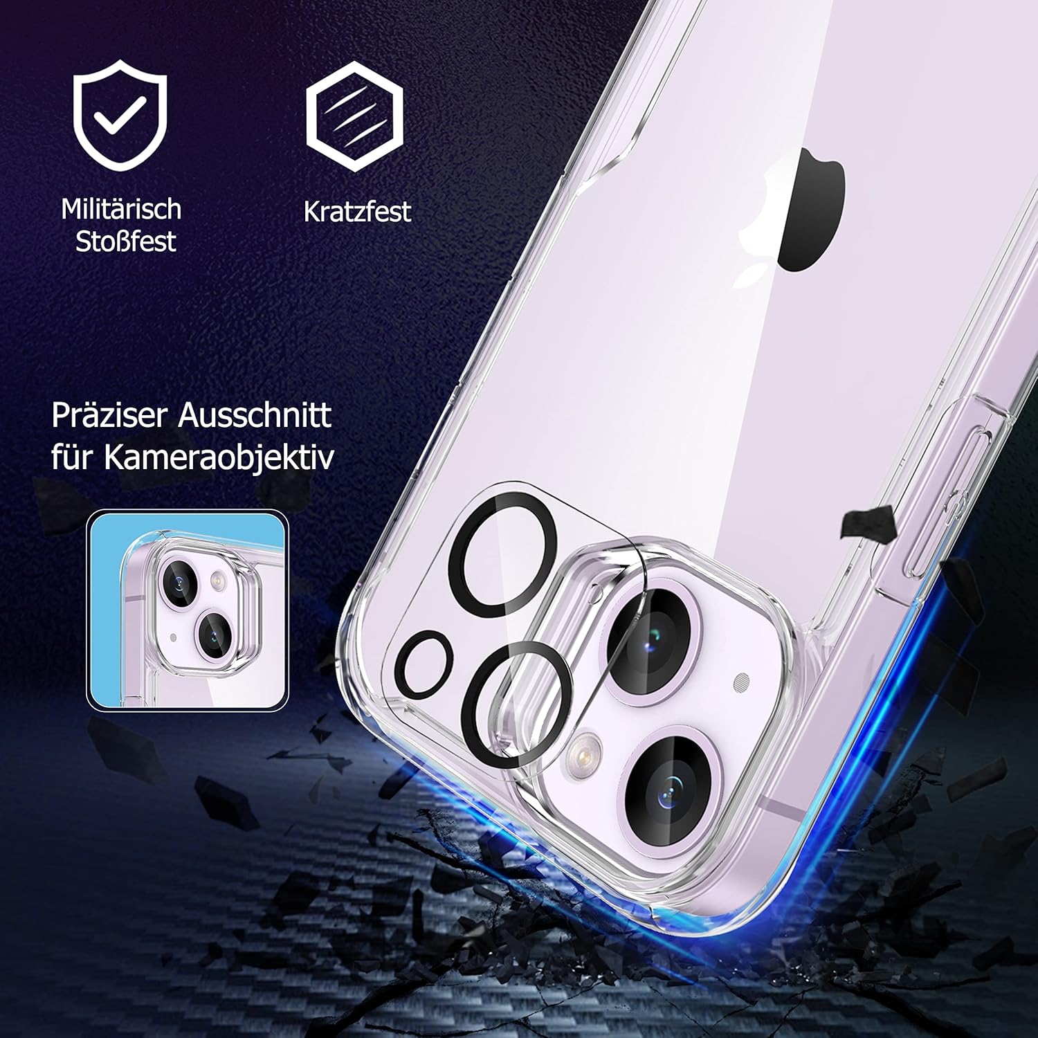 Thumbnail 2 de ORETECH Hülle für iPhone 14 Plus – Transparent, stoßfest mit 2 Displayschutzfolien und Kameraschutz