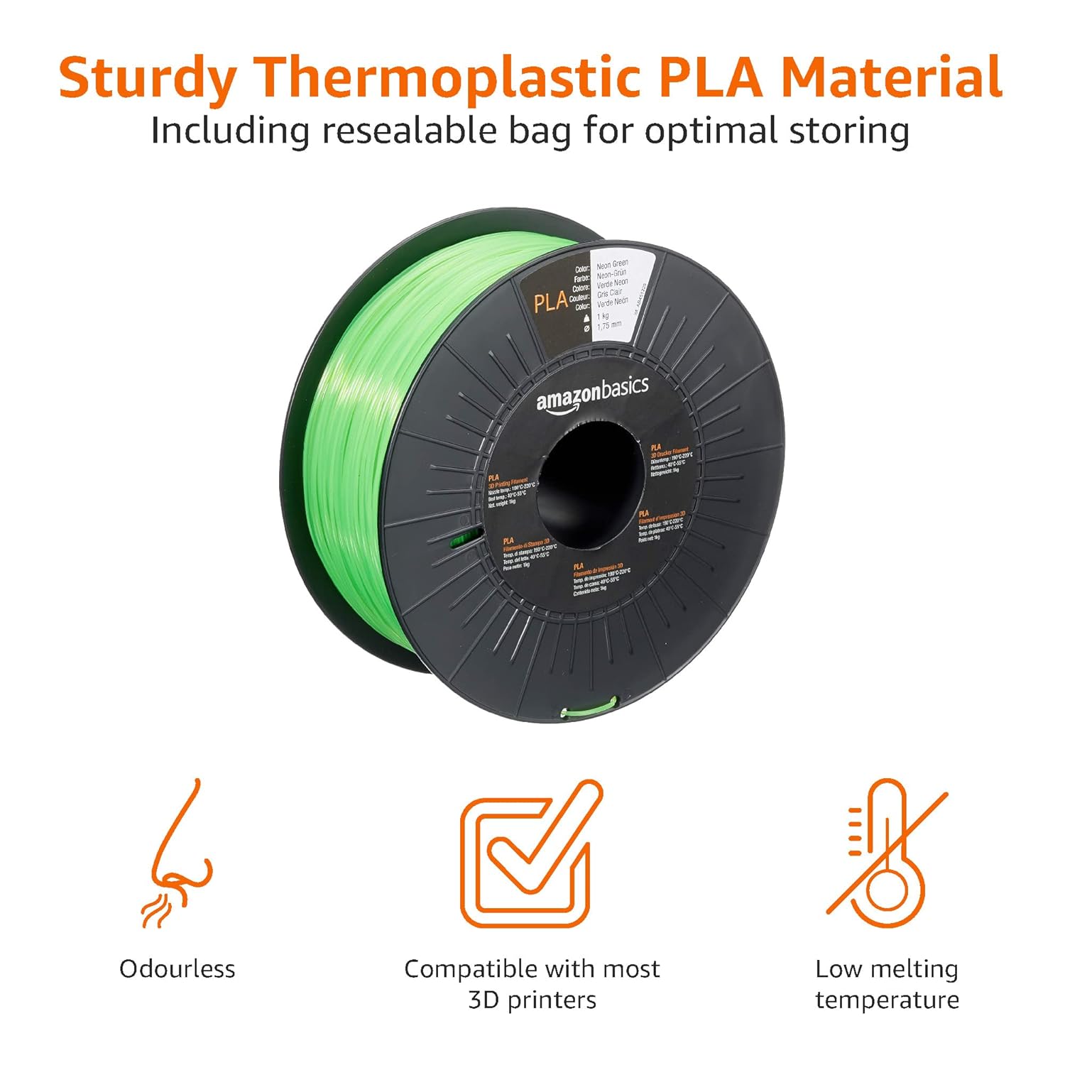 Detalle de Amazon Basics PLA 3D Printer Filament (1.75mm, Neon Green, 1 kg) – Practical PLA for Everyday Prints