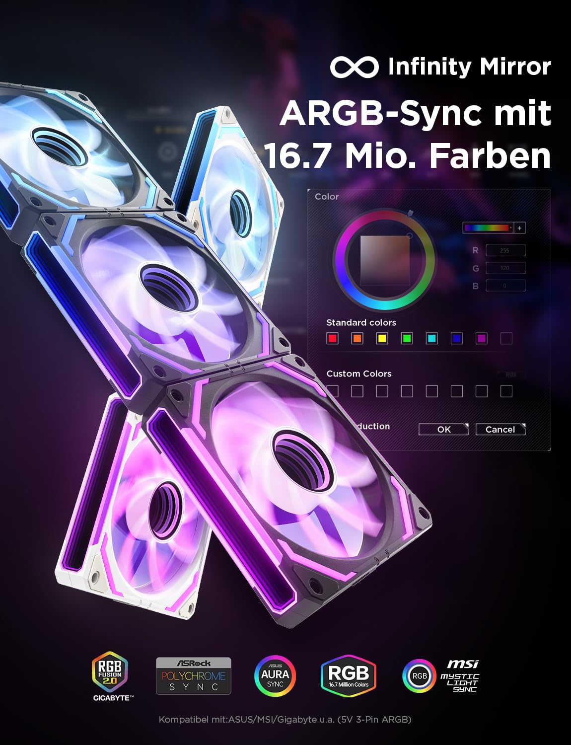 Detalle 2 de AsiaHorse COSMIQ RGB PC Lüfter 120MM – 3er-Set, Reverse Gehäuselüfter mit Daisy Chain, ARGB inkl. Controller