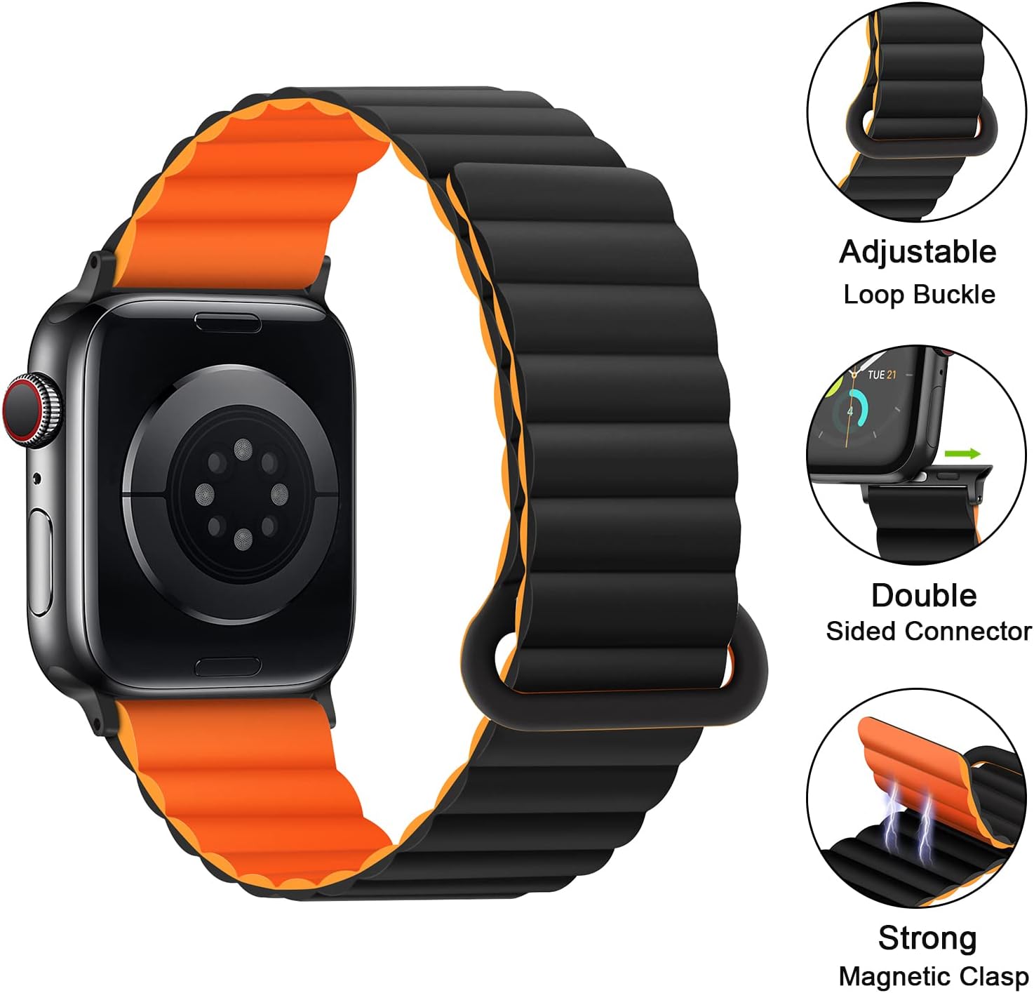 Thumbnail 3 de Anlinser Magnetic Silicone Watch Strap for Apple Watch (44–49mm): Double-Sided, Quick-Adjust, Black/Orange