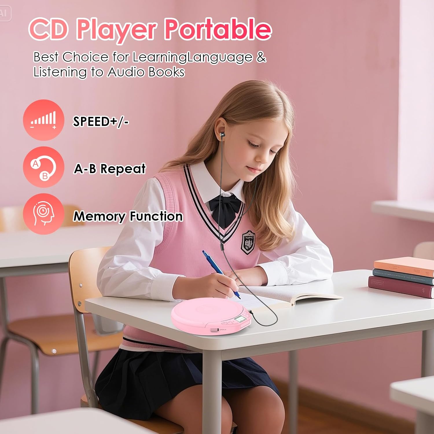 Detalle de Gueray CD Player Tragbar für Kinder – Tragbarer Discman mit LCD-Display, ASP und Rosa-Variante