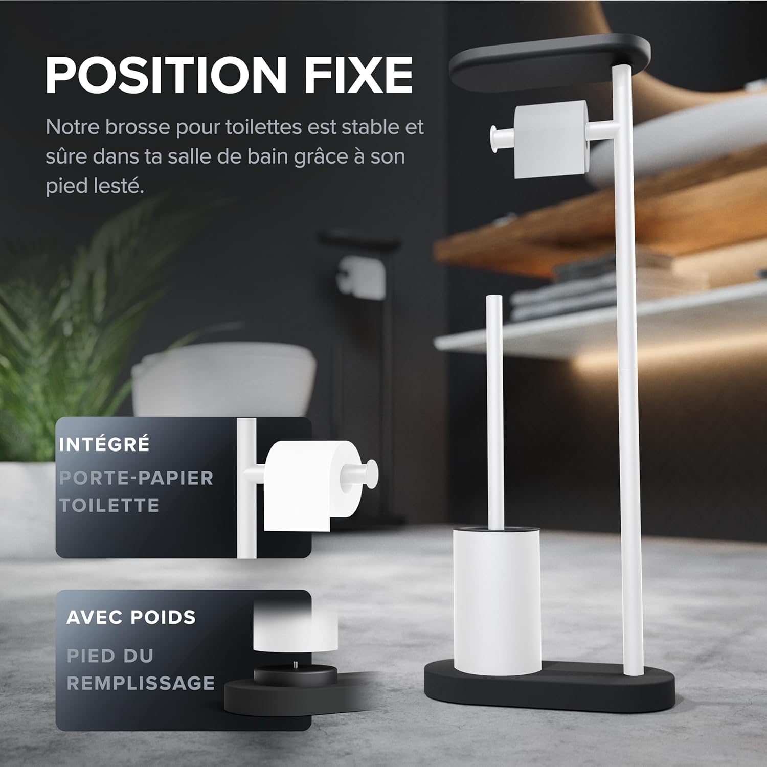 Thumbnail 5 de Ovimar Set de WC sur Pied 3 en 1 Vradal Blanc — Brosse silicone Tribors, Porte‑papier et Support Smartphone