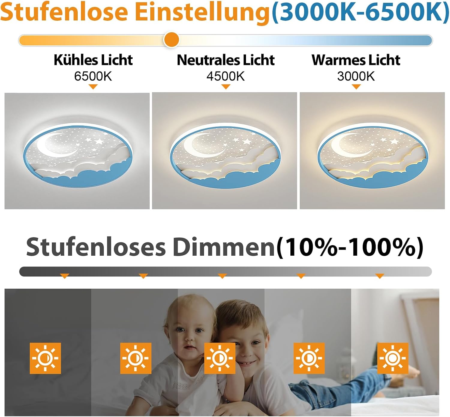 Detalle de Plafoniera Cameretta Bambini Star Moon: LED dimmerabile con telecomando, design stellato in acrilico Blu