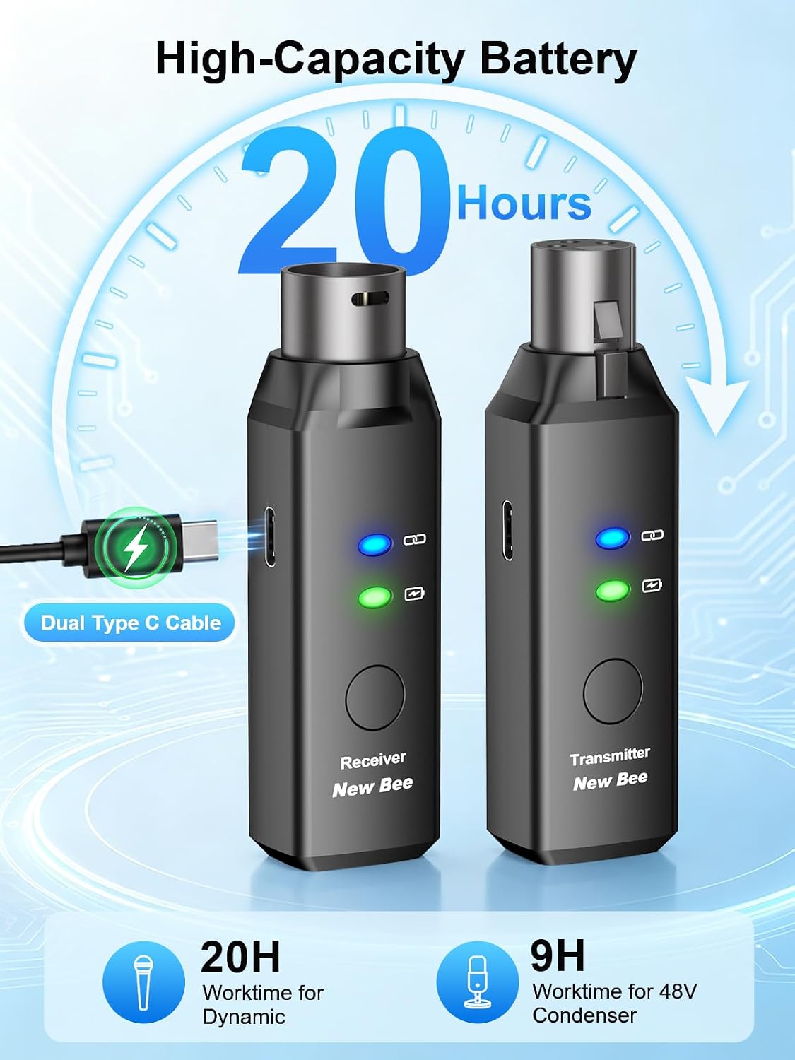 Detalle de New Bee WP-7 Wireless XLR Microphone System, 5.8GHz, 6 Channels