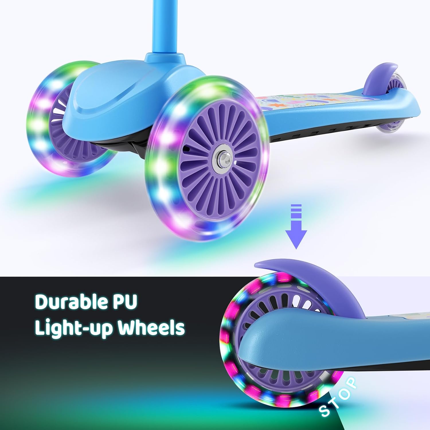 Detalle de TONBUX Kids Scooter for Ages 3-8 (3-Wheel) with Light-Up Wheels & Adjustable 4-Level Height
