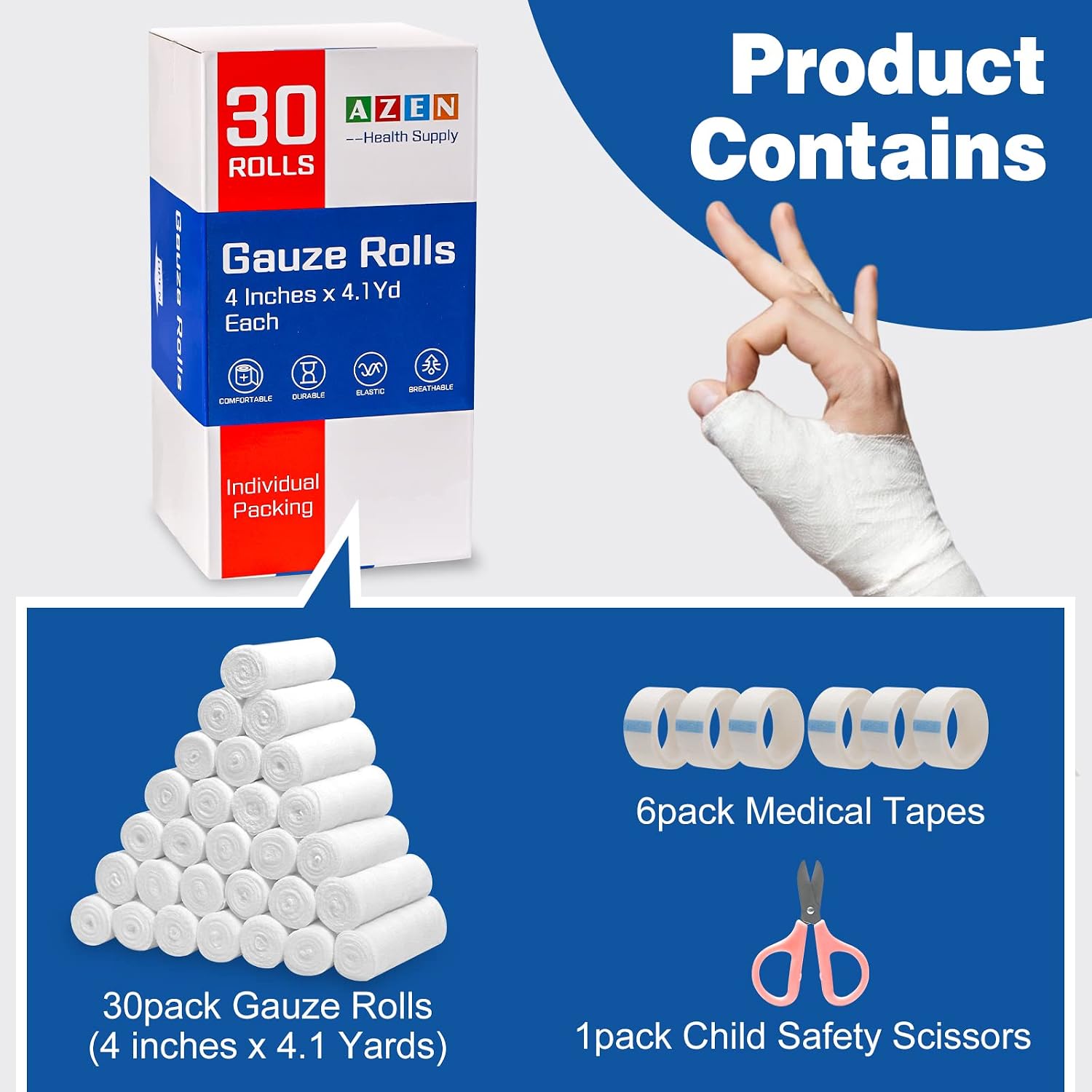 Detalle 2 de AZEN 30 Pack Gauze Rolls 4 in 🩹