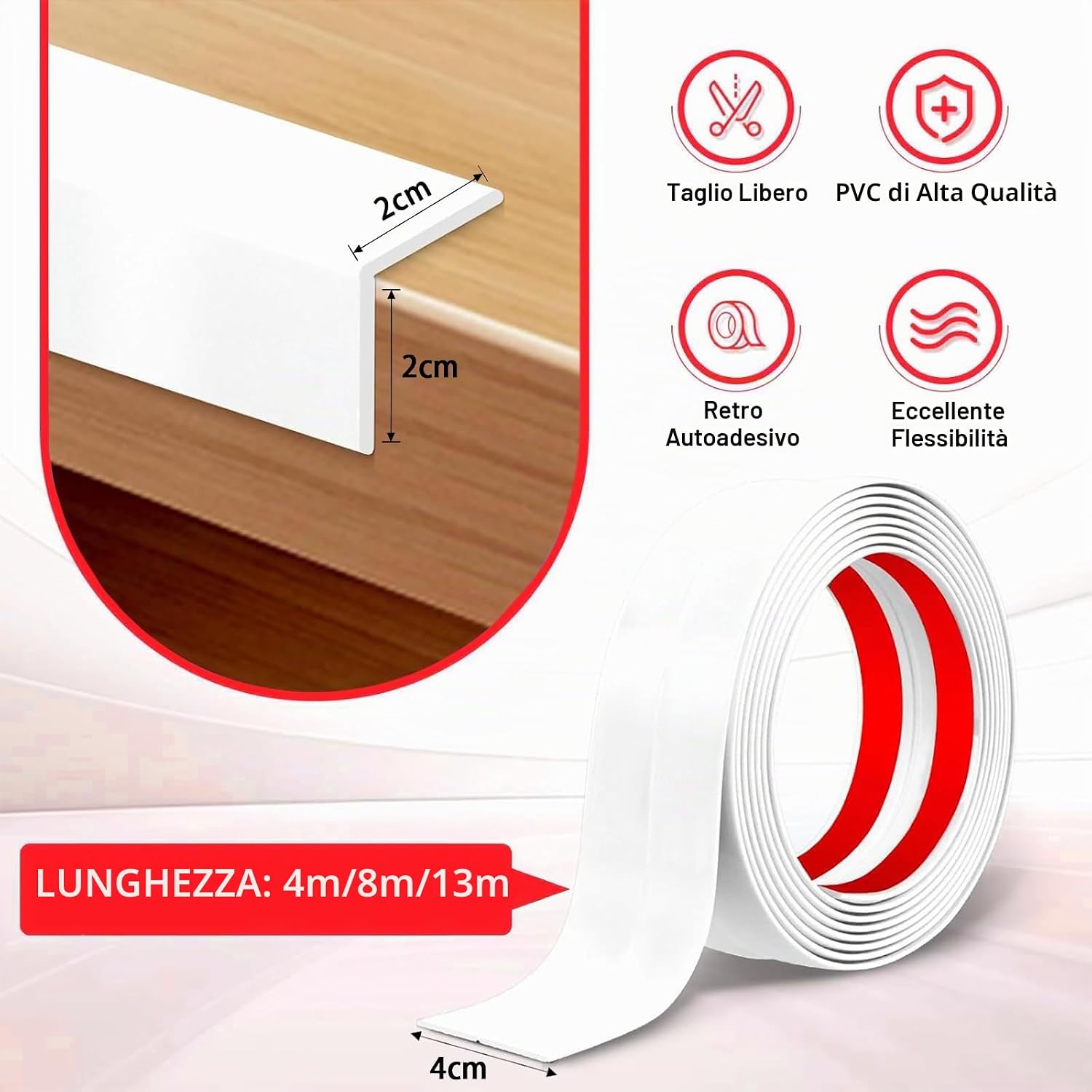 Detalle de Modanatura decorativa autoadesiva Paraspigoli in PVC 4 cm x 4 m — Bianco, angolare interna/estera regolabile