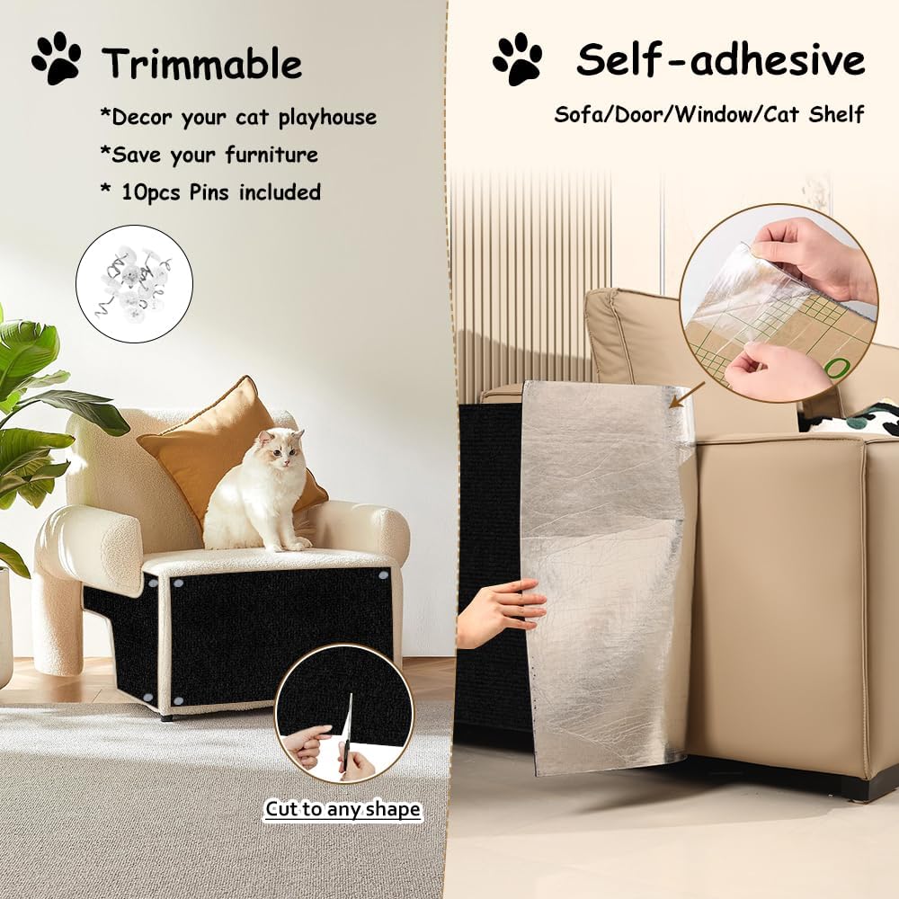 Detalle de NATUYA Cat Scratcher Mat Self-Adhesive 200x40cm – Replacement Pad for Cat Trees & Scratch Posts (Black)