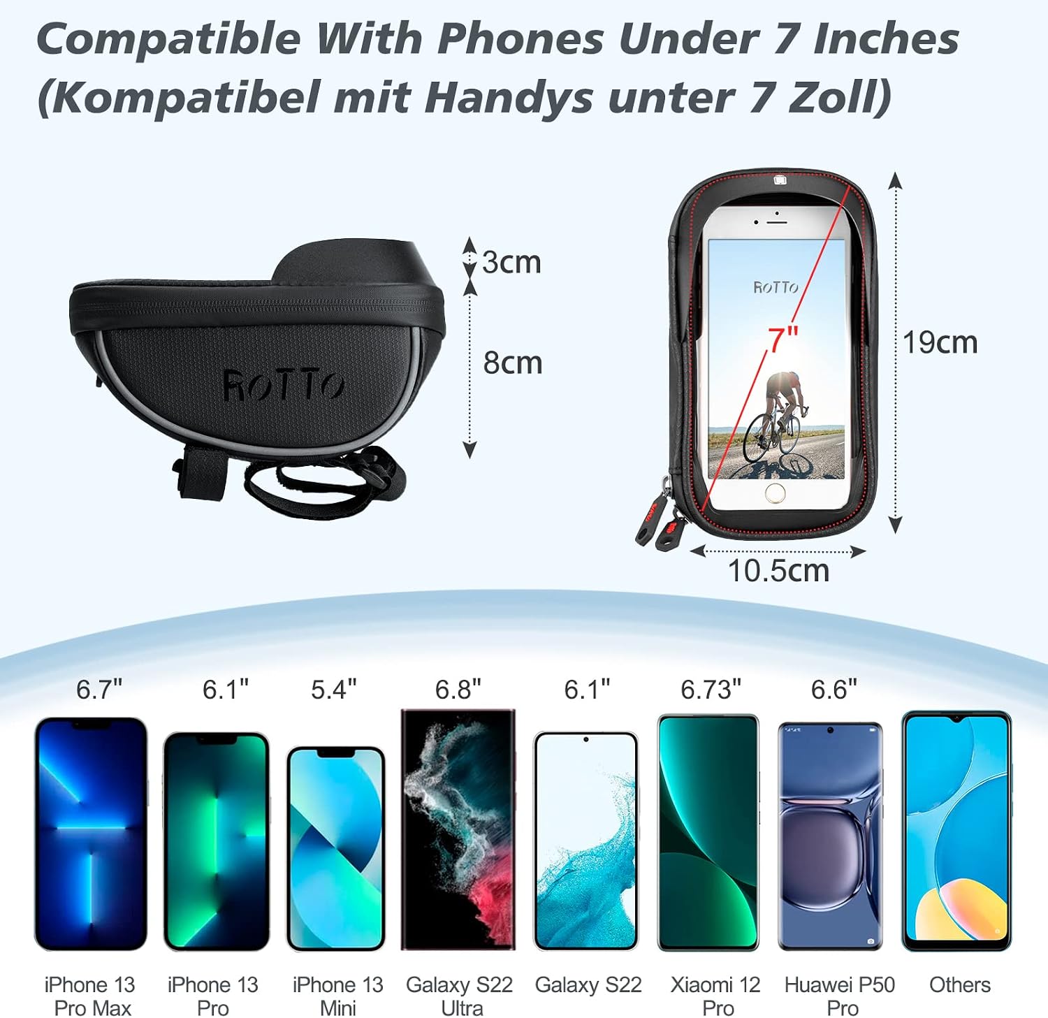 Detalle de ROTTO Fahrrad Lenkertasche – wasserdichte Handyhalterung mit Touchscreen, 7 Zoll, inklusive Regenschutz (Upgrade-Version)