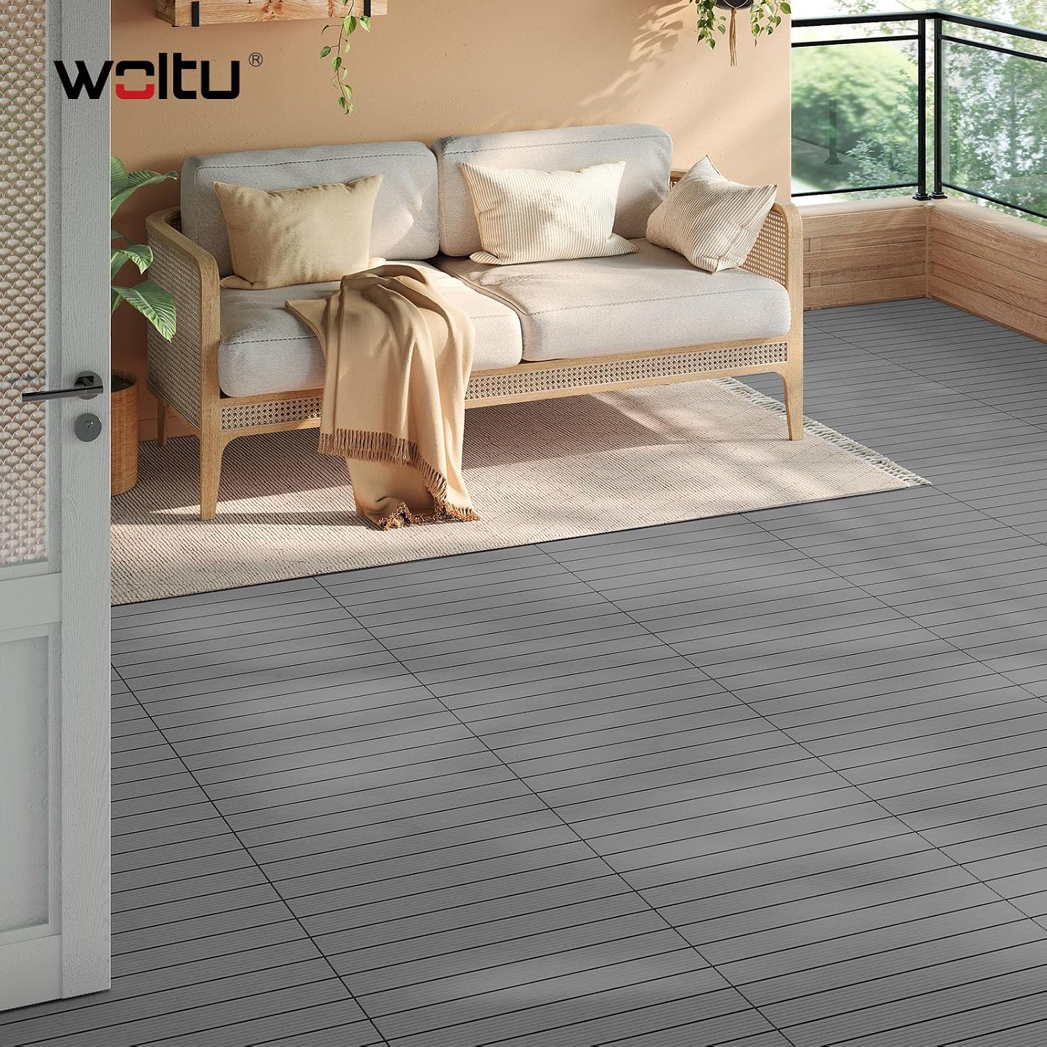 Detalle 2 de WOLTU WPC Fliese Terrassenfliesen Holz-Optik mit Klicksystem 30 x 60 cm, hellgrau (12 Stück / 2 m²)