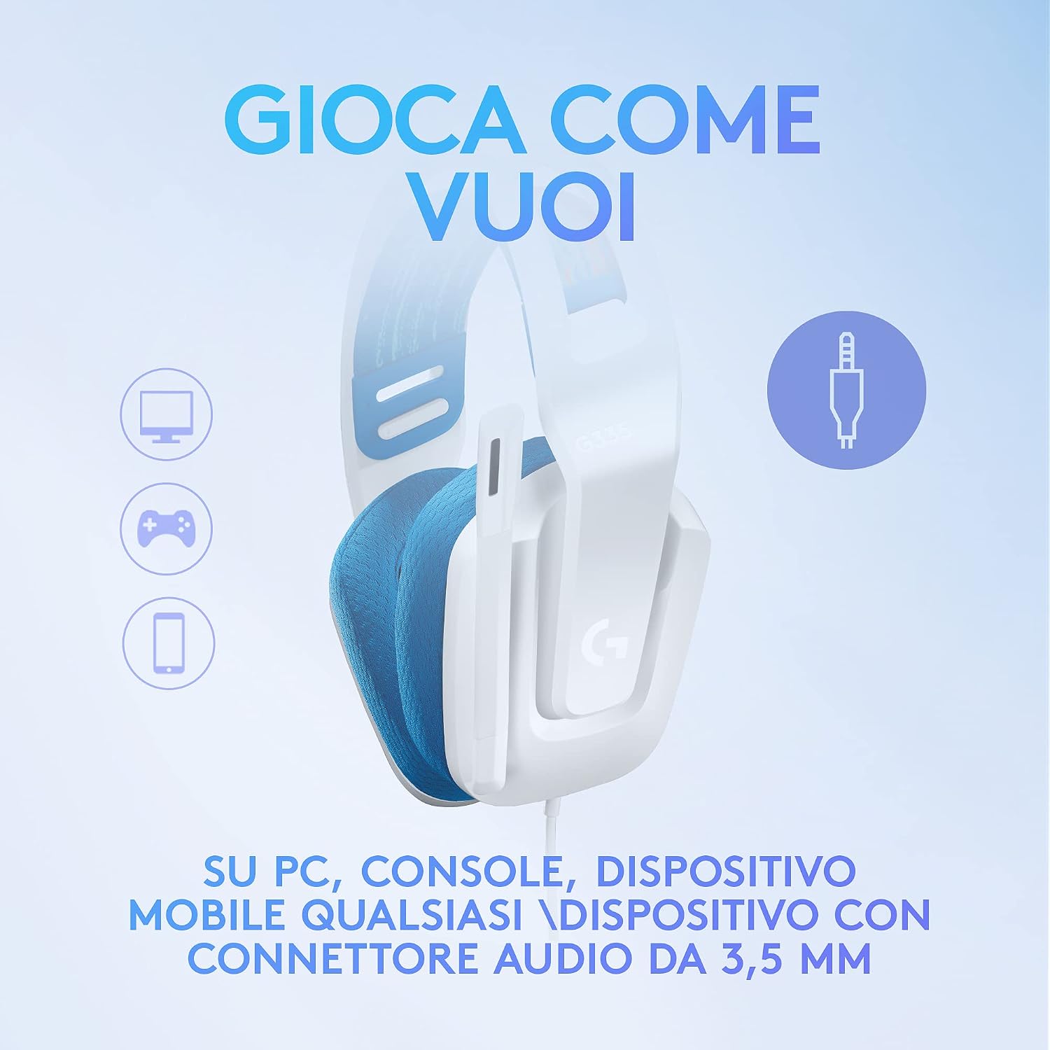 Detalle de Logitech G335: cuffie gaming cablate da 3,5 mm, bianco, comfort memory foam e microfono flip-to-mute