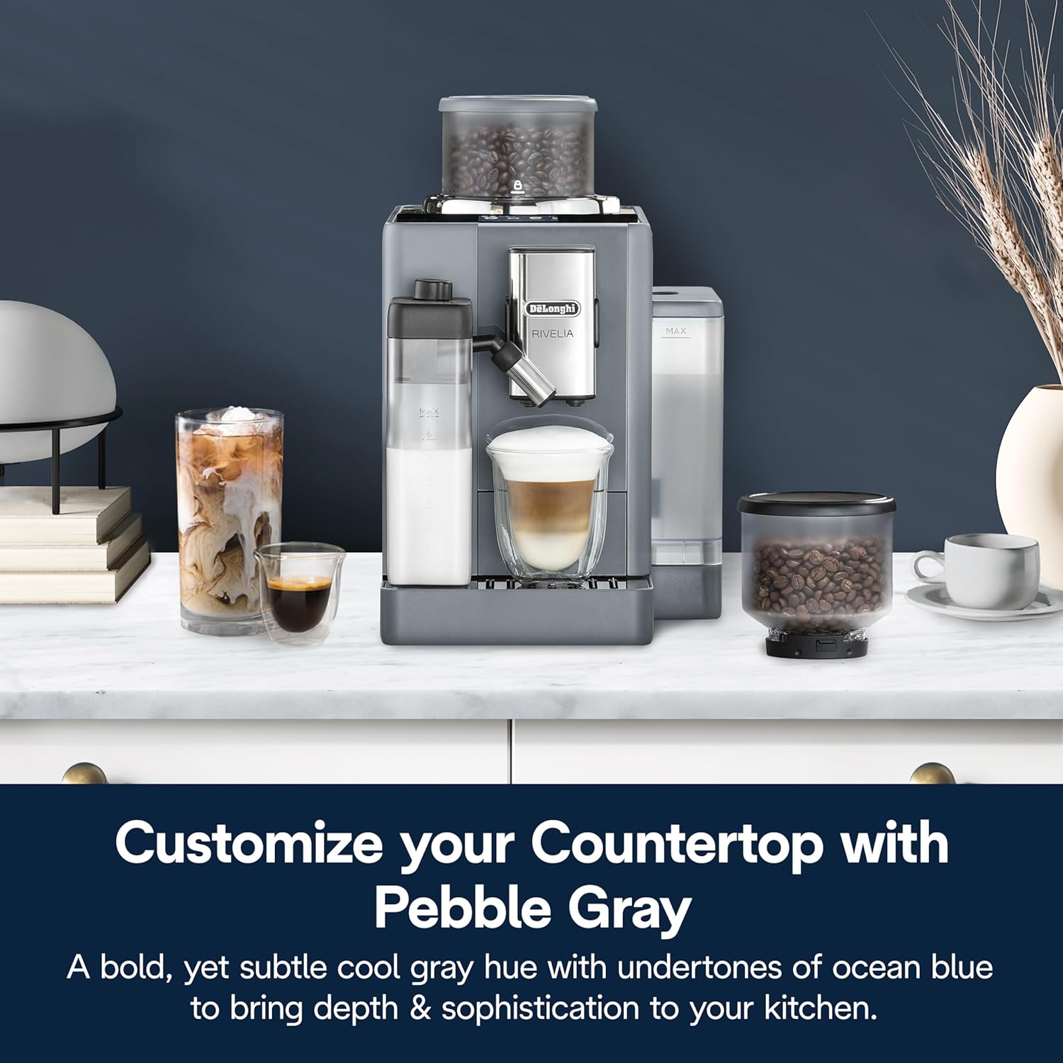 Detalle de De'Longhi Rivelia Automatic Espresso Machine, Grinder & Frother, Pebble Gray