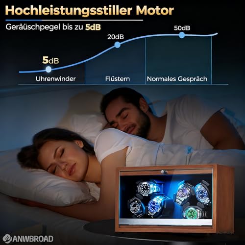 Thumbnail 2 de ANWBROAD Uhrenbeweger für 6 Uhren – leiser Spinner mit LED-Beleuchtung aus Walnussholz