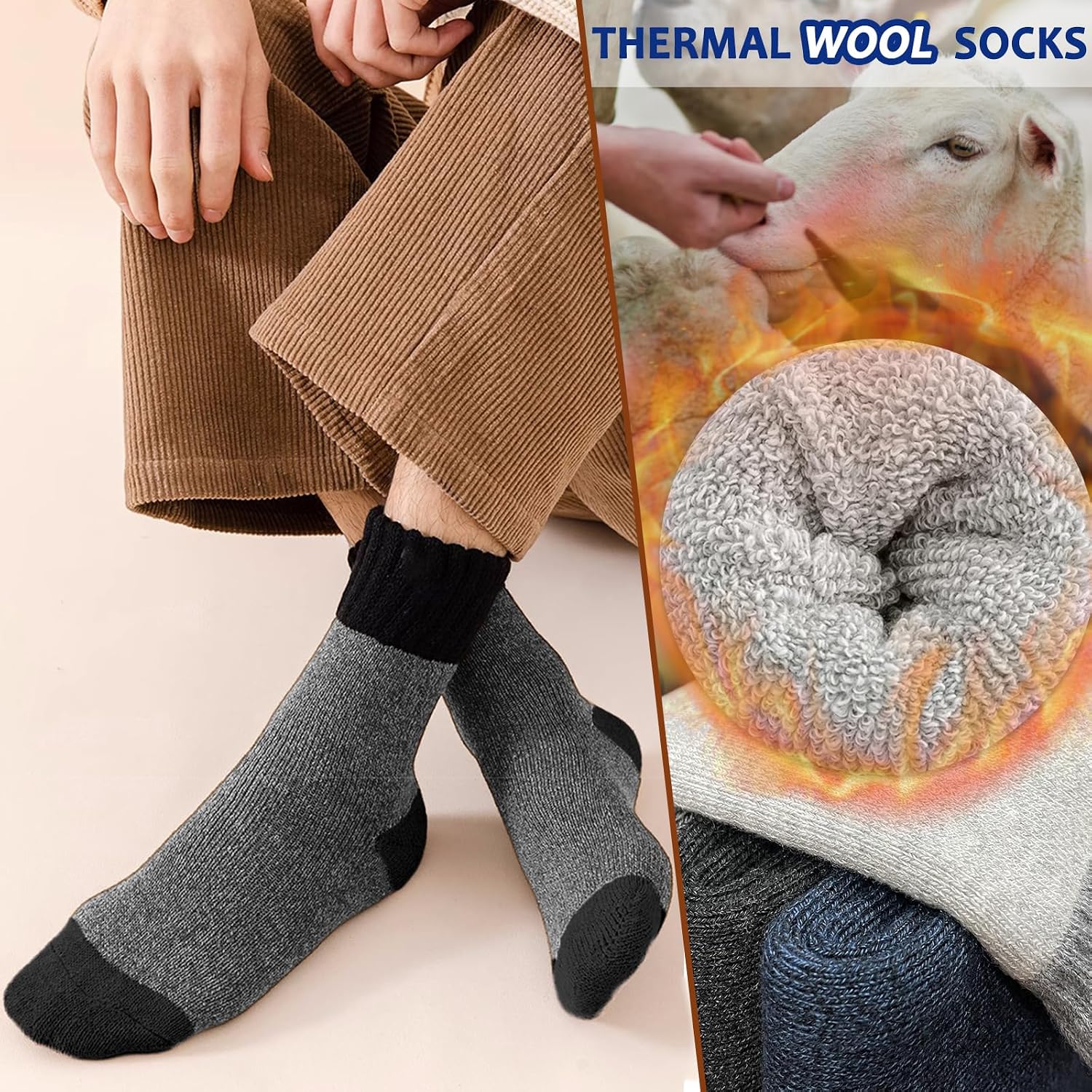 Detalle 2 de Josnown Men's Thermal Wool-Blend Socks, 5 Pairs with Full Terry Cushion