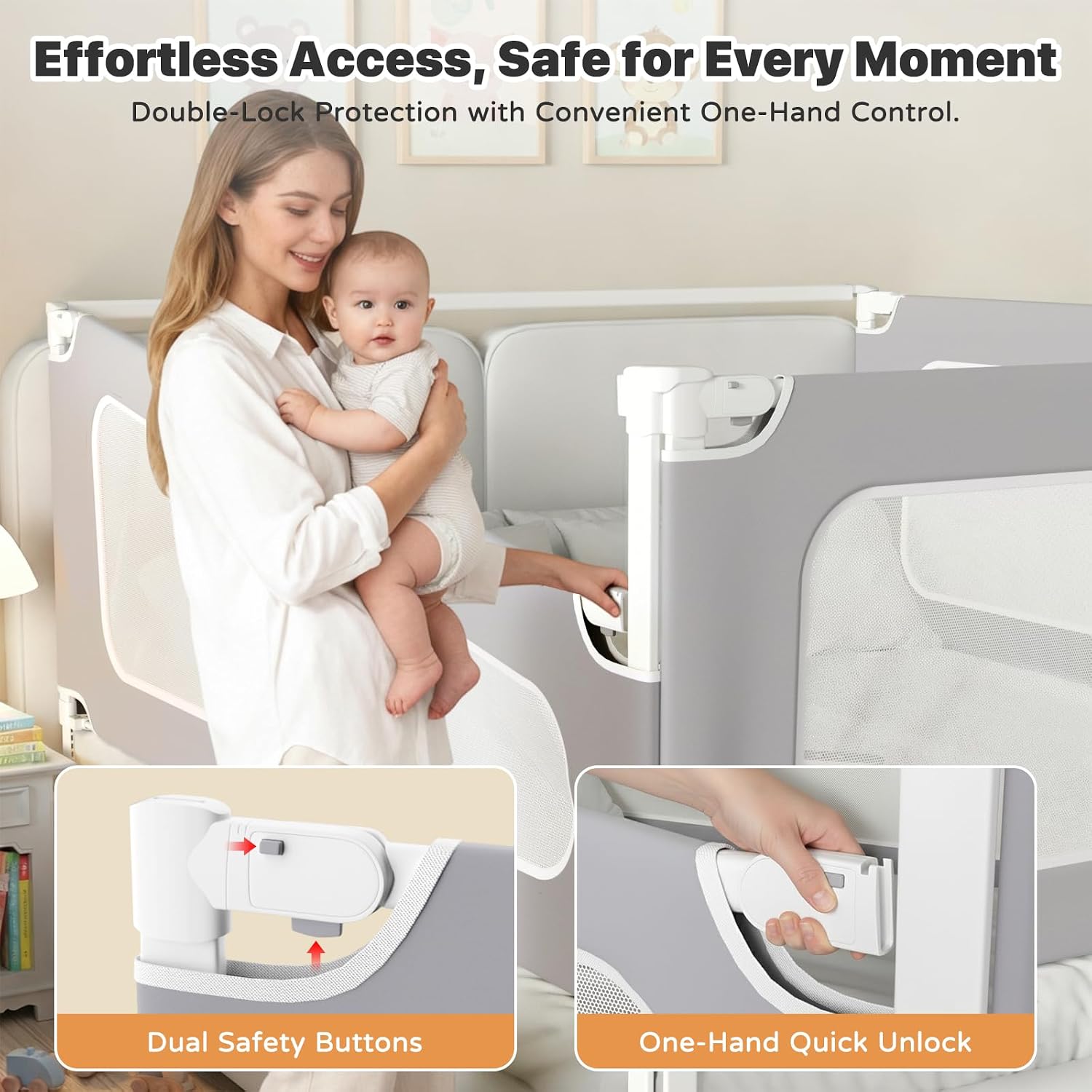 Detalle 1 de MagicFox 3-Piece Queen Bed Rails for Toddlers, Adjustable Guard with Double Locks