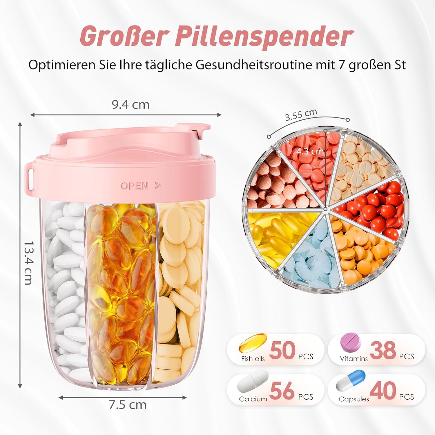 Detalle 2 de NAVIKIA Tablettenbox für 7 Tage (morgens/mittags/abends) – rund, 7 Fächer & Anti-Verwechslungs-Design in Rosa