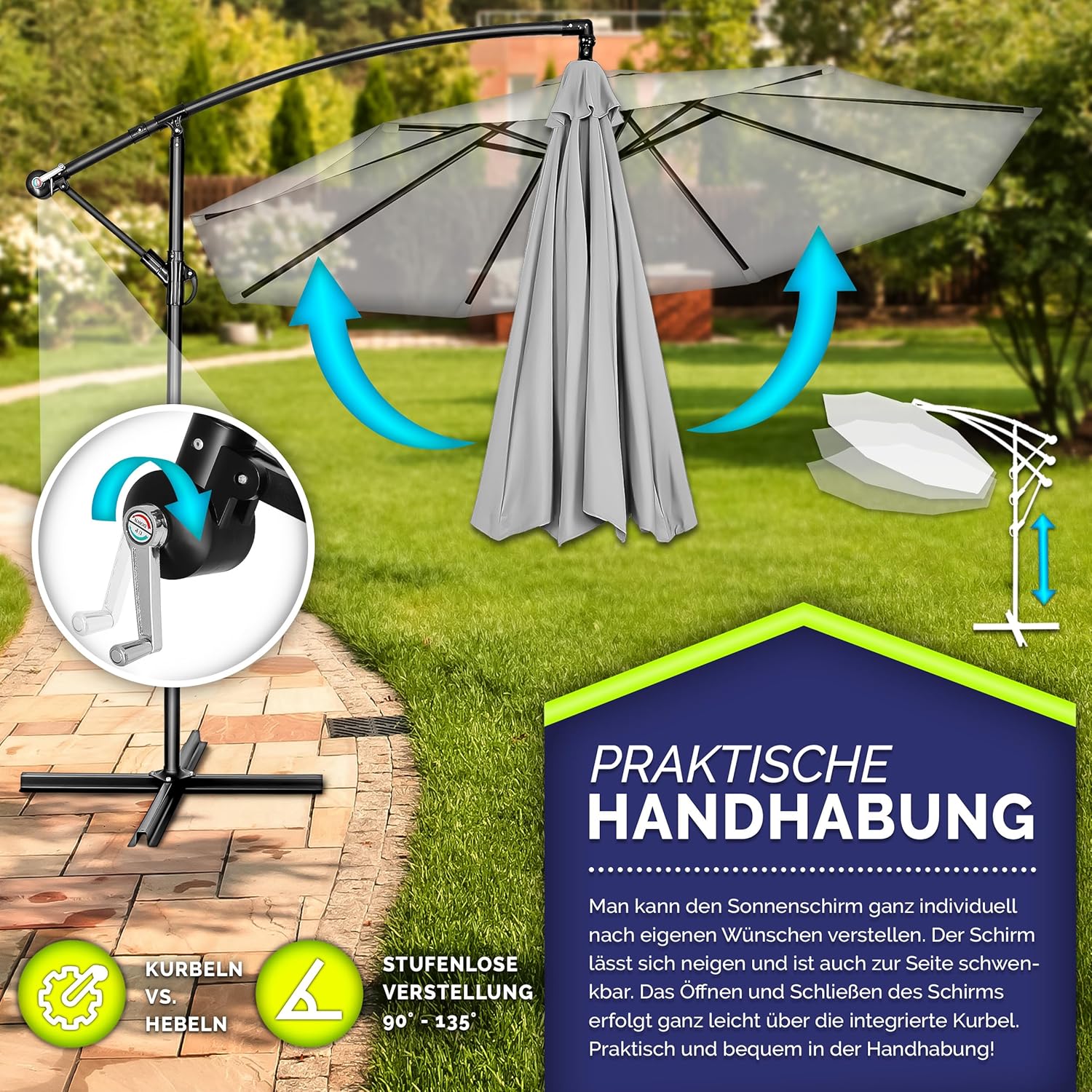 Thumbnail 2 de tillvex Alu Ampelschirm Ø 300 cm mit Kurbel – UV-Schutz, Windschutz, 360° Drehung