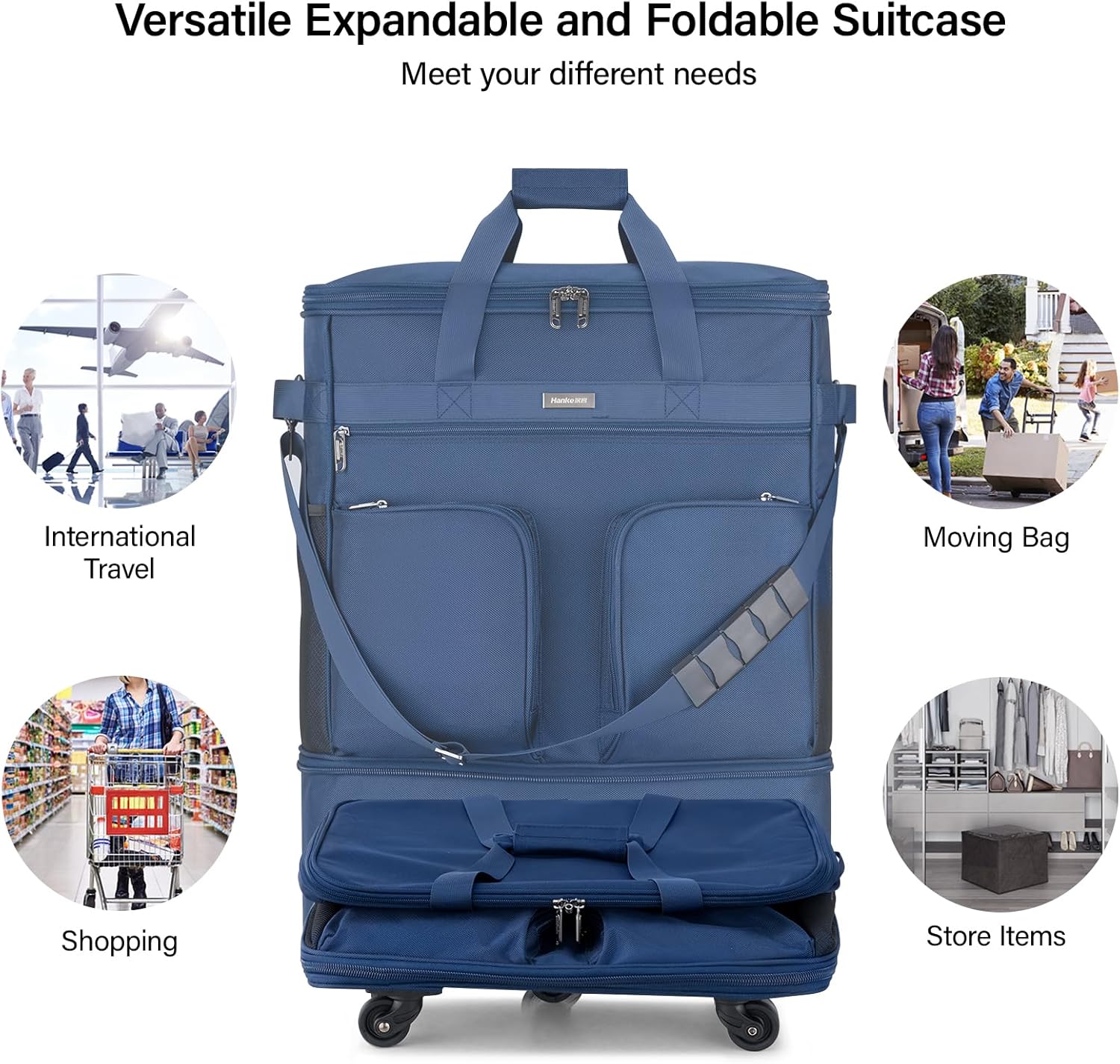 Detalle 2 de Hanke Expandable Large Suitcase 4 Wheels – Lightweight, Foldable 68L–98L (20/24/28 inch) with No Telescopic Handle, Blue