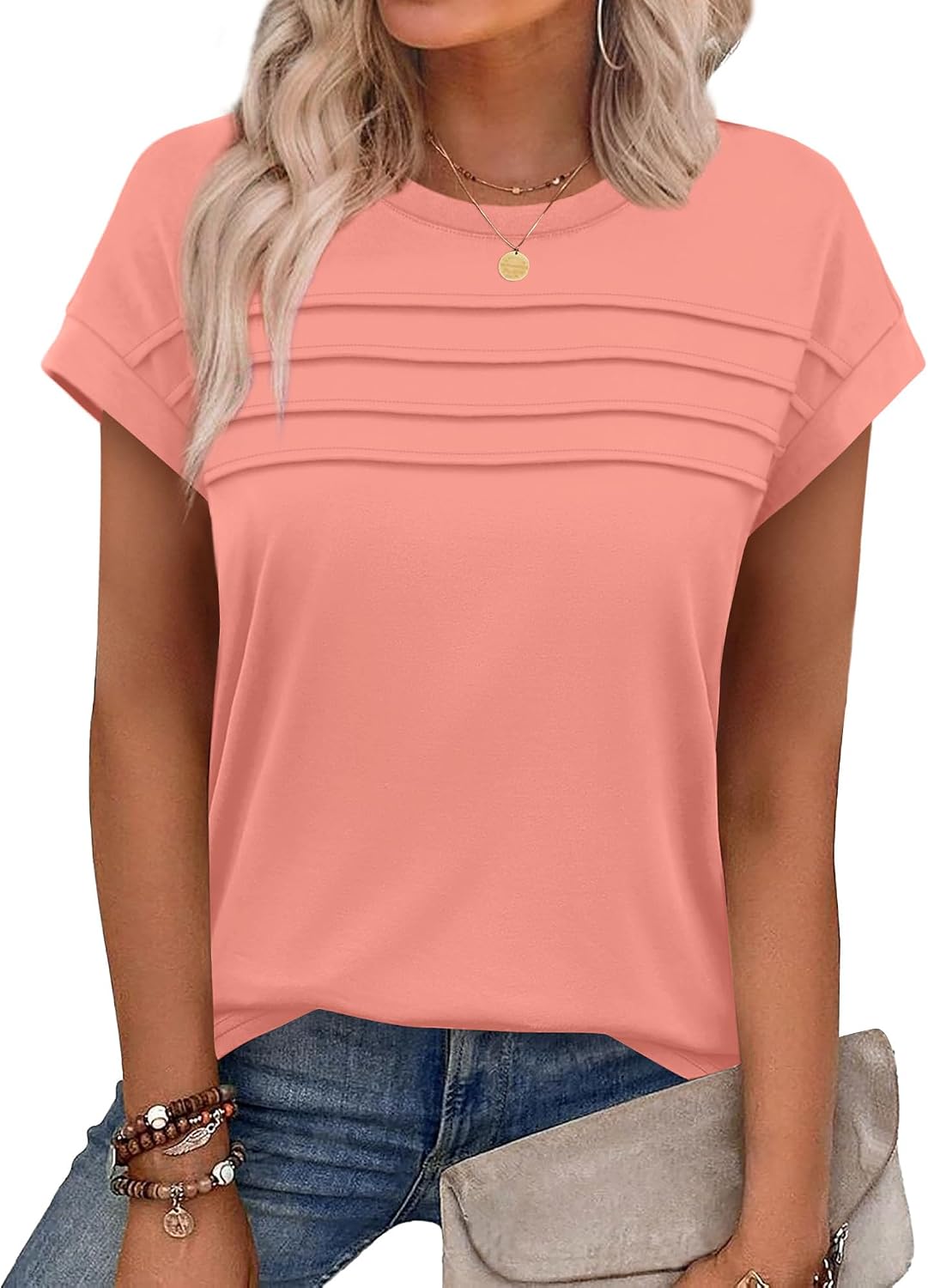 Detalle de WEESO Womens Summer Tops Cap Sleeve Pleated Front Crew Neck T-Shirts