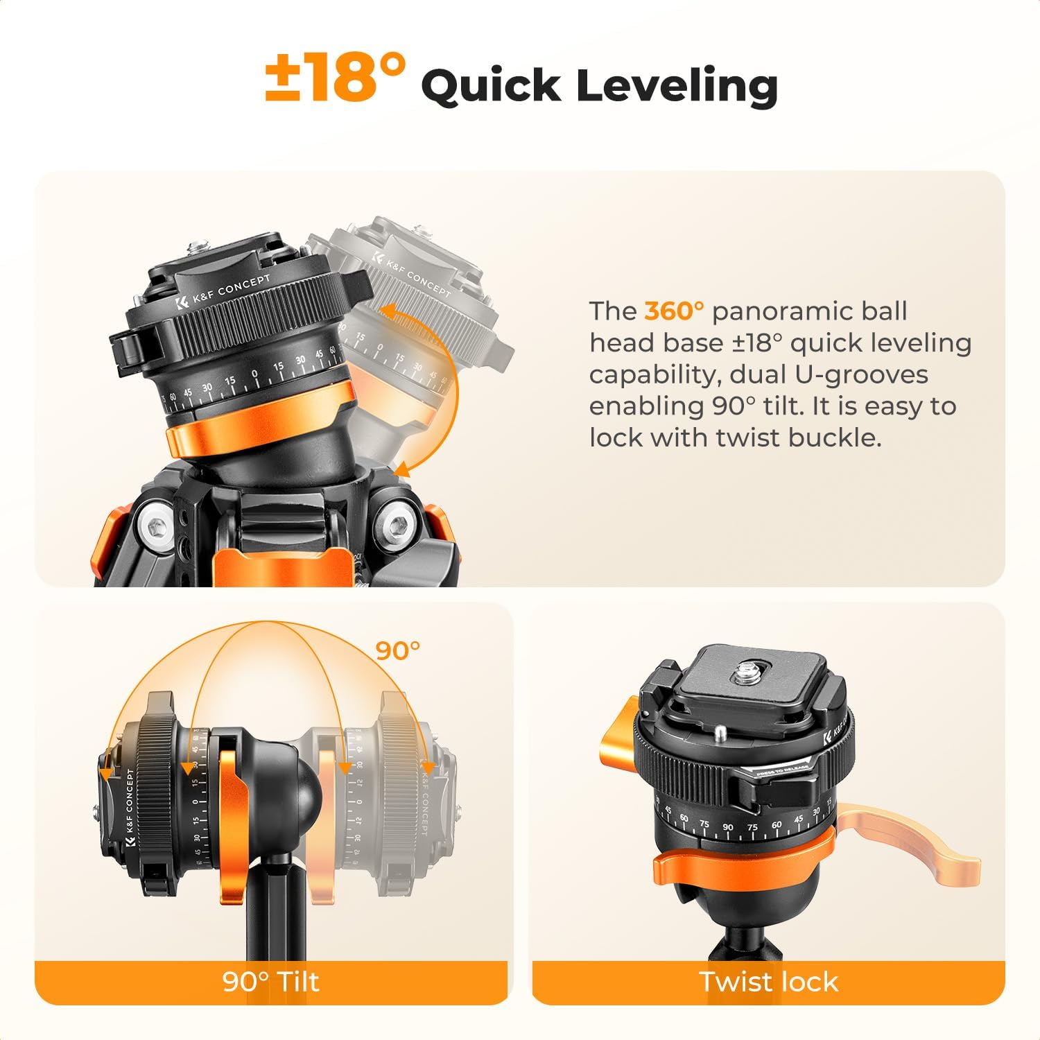 Detalle de K&F CONCEPT 60"/153cm Carbon Fibre Tripod for Camera with 360° Panorama Head