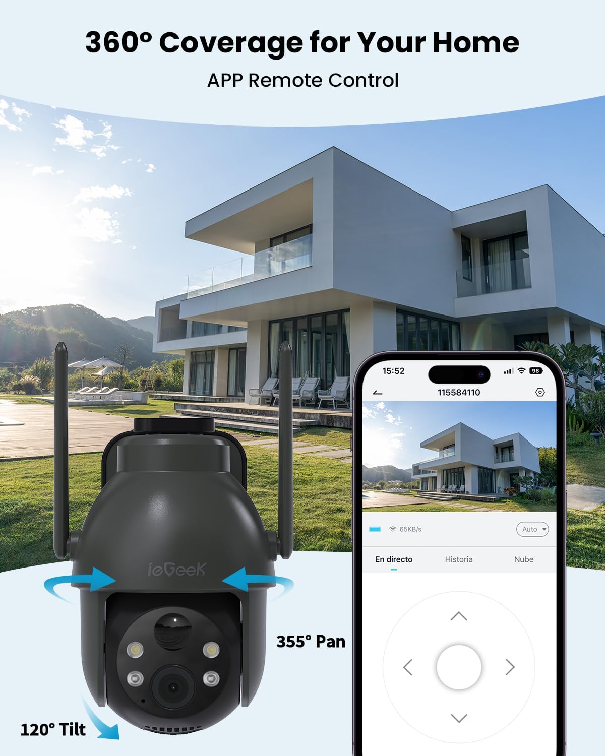 Thumbnail 2 de ieGeek 2K Solar Security Camera Outdoor Wireless (360°) with Solar Panel, PIR, 2-Way Audio & Alexa