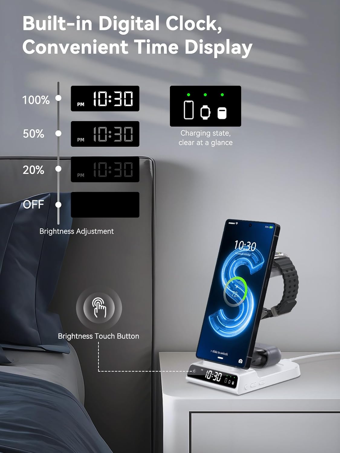 Thumbnail 4 de Chargeur Induction Fil pour Samsung Galaxy S24 Ultra et Galaxy Watch 8/7 – 3 en 1 avec horloge numérique