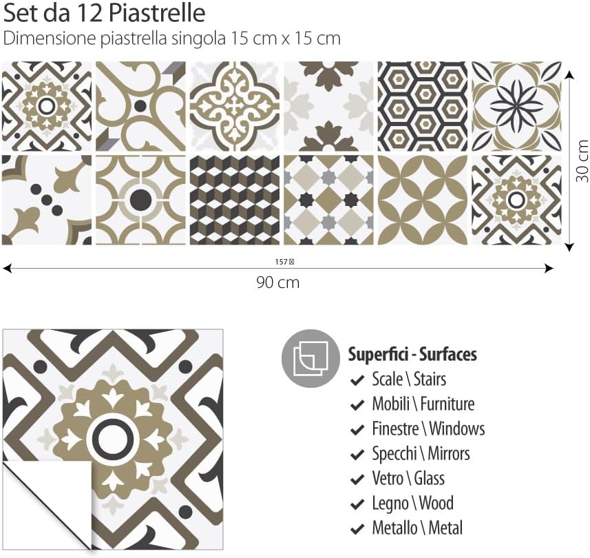 Thumbnail 1 de RE-COVERTILES – Stickers Carrelage Cuisine et Bain 15x15 cm (12 pcs) en PVC imperméables – Décoratifs, Autocollants Peel and Stick, Made in Italy