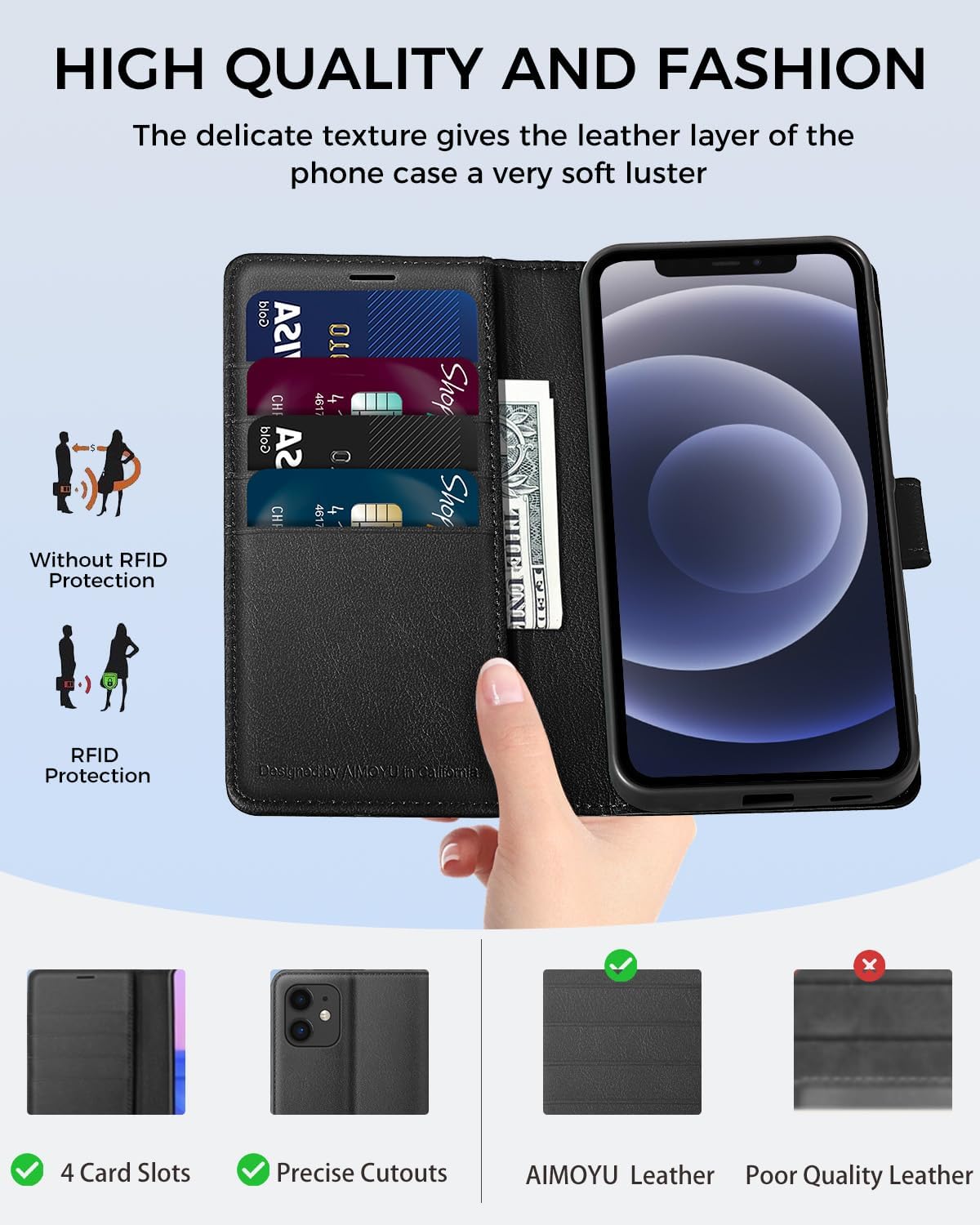 Detalle 1 de AIMOYU iPhone 12 Case Leather Wallet