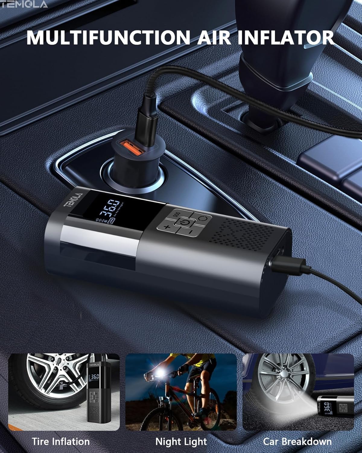 Detalle de TEMOLA TN10E Portable Tire Inflator, 150 PSI with Digital Display and LED Light