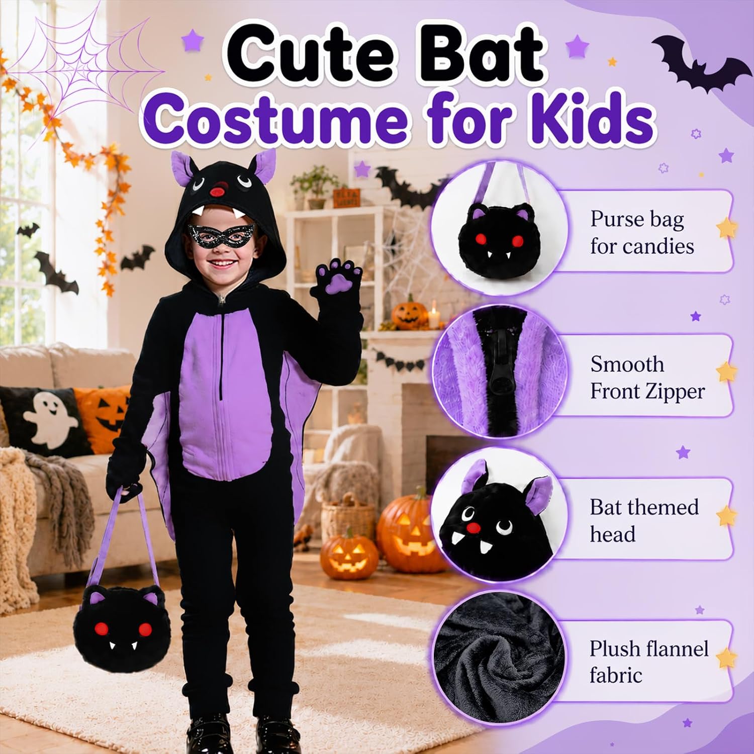 Detalle 2 de Learn2M Kids Bat Costume, Purple Flannel Onesie with Wings and Matching Bag