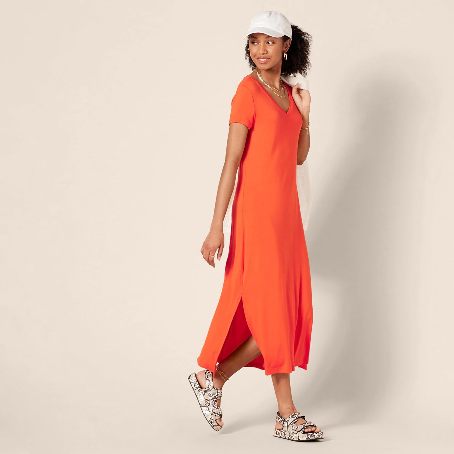 Detalle de Amazon Essentials Women's Stretchy V-Neck Midi Dress in Viscose Jersey