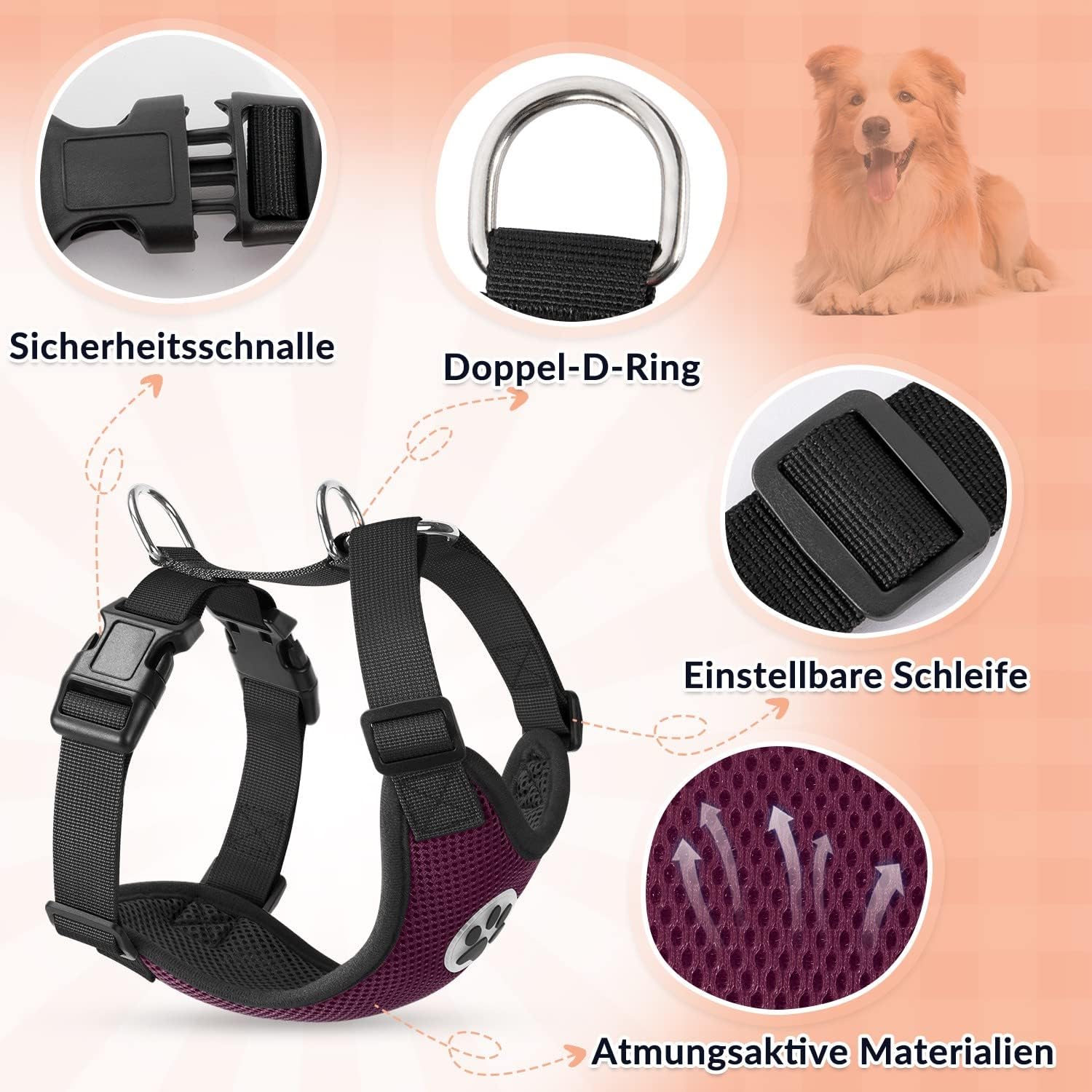 Detalle de SlowTon Hundegeschirr – atmungsaktives, verstellbares Brustgeschirr für kleine bis mittlere Hunde