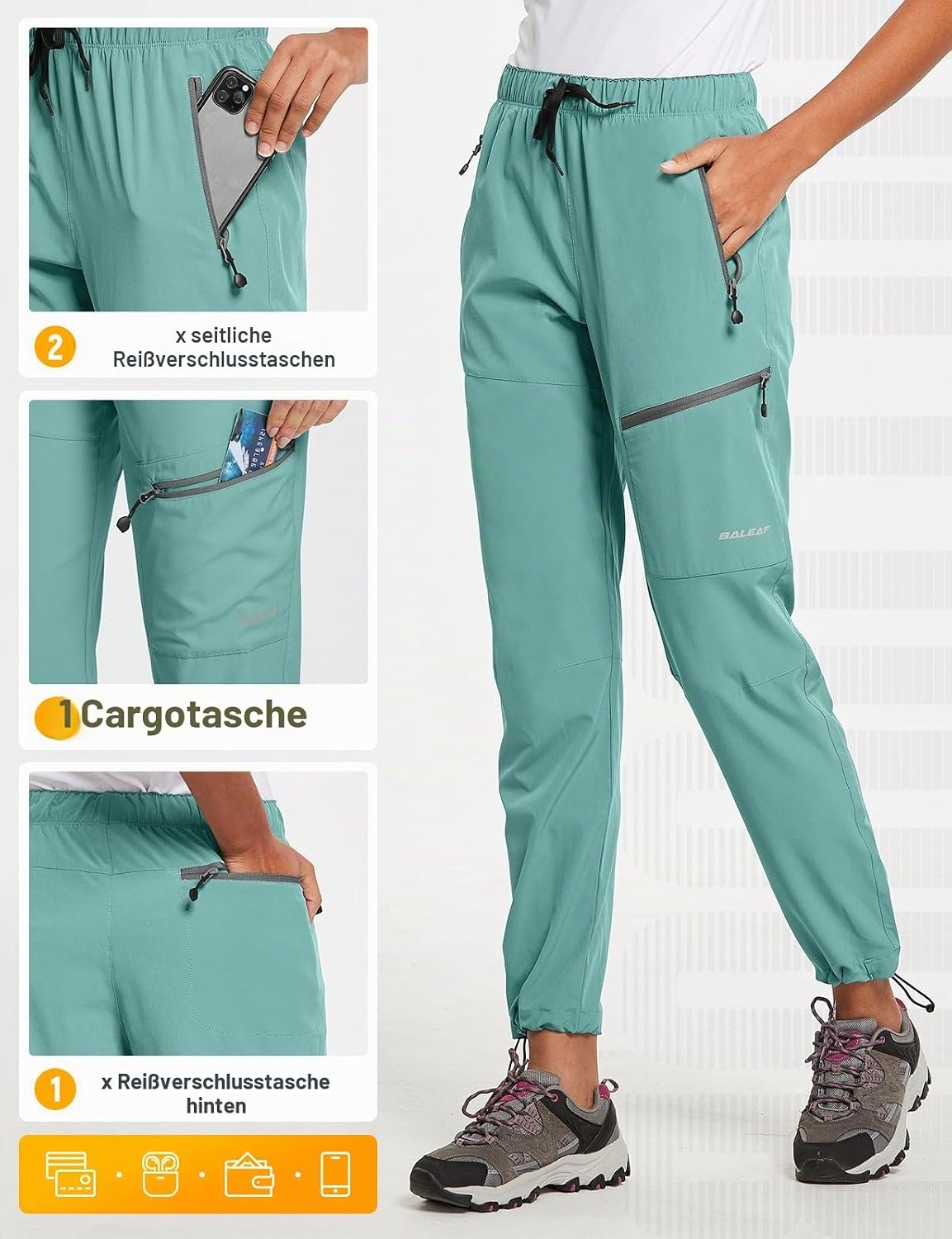 Detalle de Baleaf Damen Outdoorhose Wanderhose – Wasserdicht, schnelltrocknend, Capris mit UV-Schutz UPF 50+