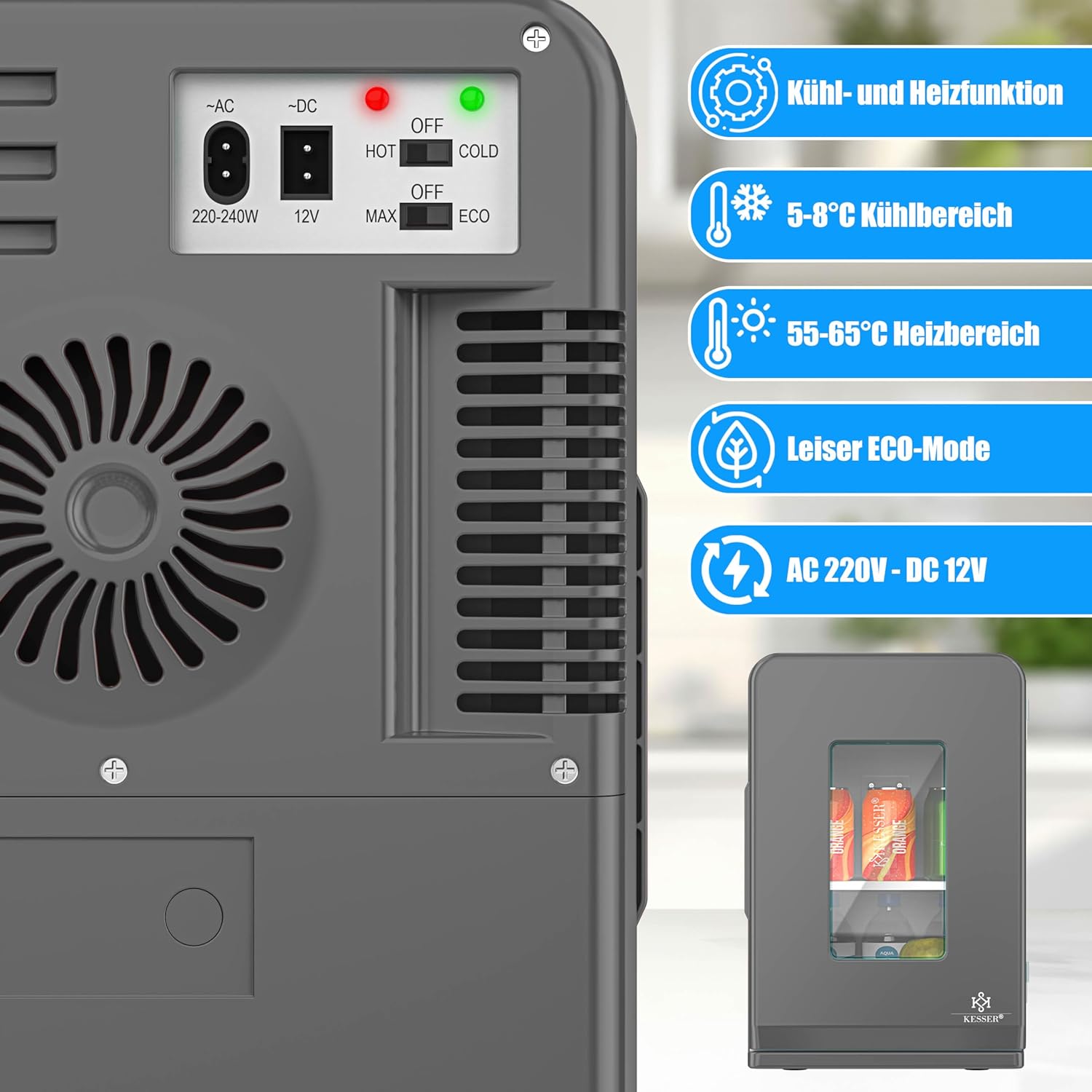 Thumbnail 2 de KESSER 2in1 Mini Kühlschrank Kühlbox (15 Liter) mit Kühl- und Heizfunktion – AC/DC für Auto, Büro, Camping