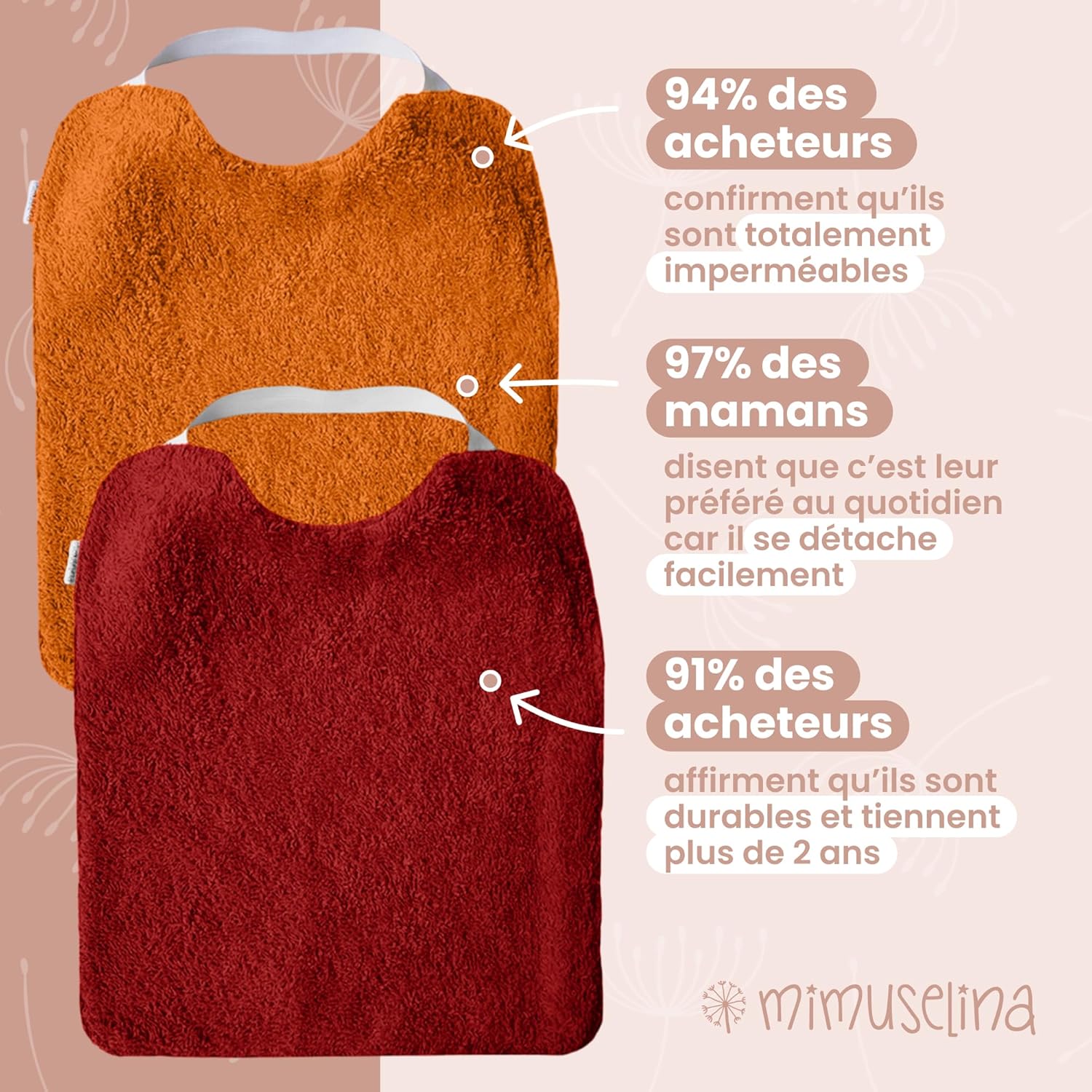 Thumbnail 4 de MIMUSELINA lot de 5 bavoirs bébé imperméables réutilisables en coton premium (éponge) avec élastique au cou