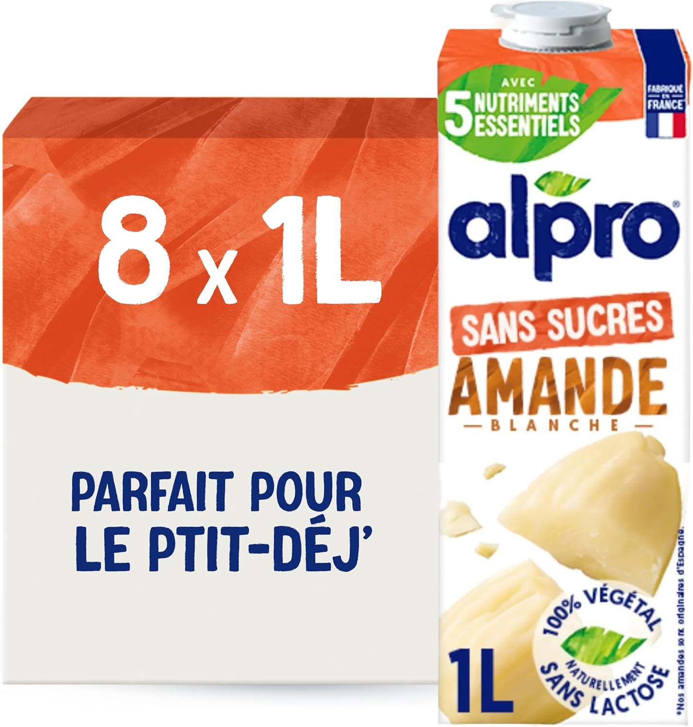 Detalle de Alpro Boisson Végétale Lait d'Amande Non Grillée Sans Sucres – Lot 8x1L