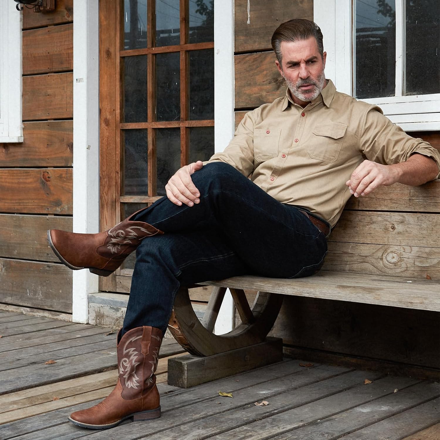 Detalle de IUV Men's Cowboy Boots, Square Toe with Classic Western Embroidery