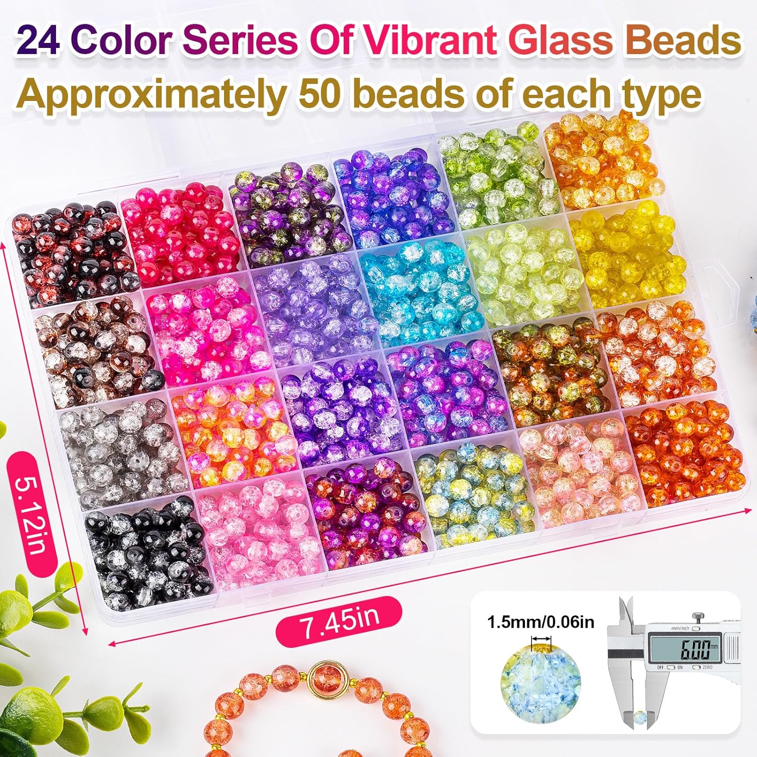 Detalle de XSEINO About 1200+ PCS 6mm Cracked Style Glass Beads Bracelet Making Kit