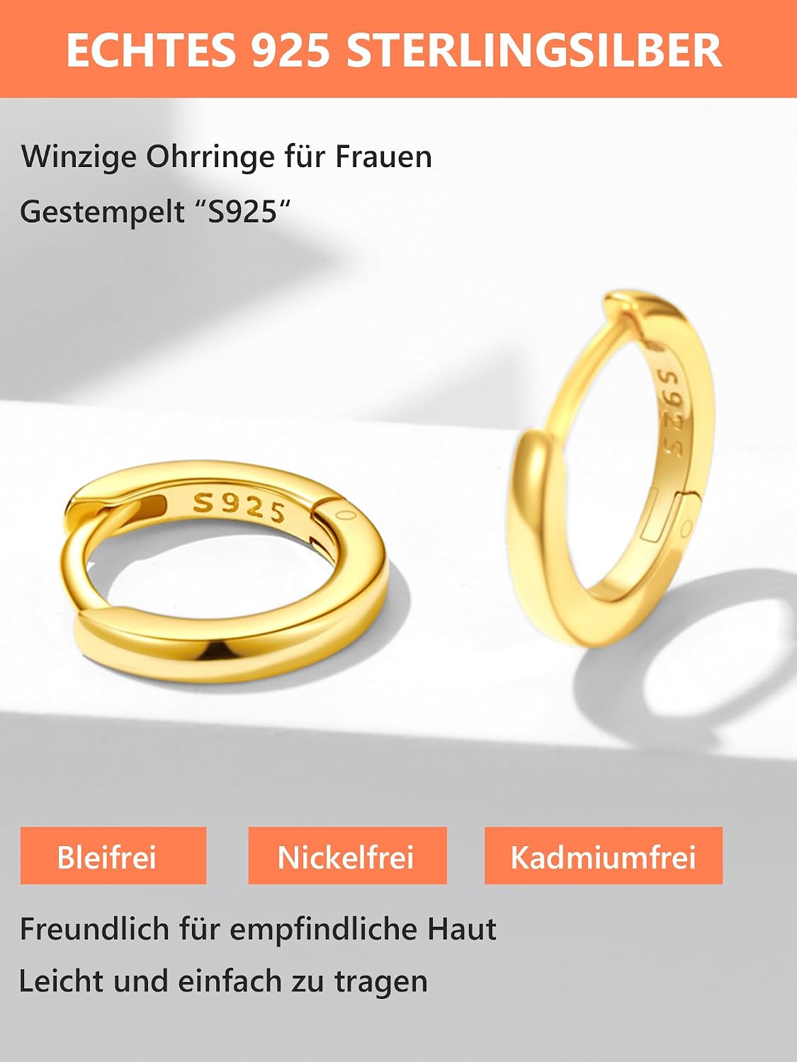 Detalle de Silvora Kleine Creolen aus 925 Sterling Silber (8 mm, auch andere Größen) – Huggie/Schläfer Ohrringe für Damen & Herren