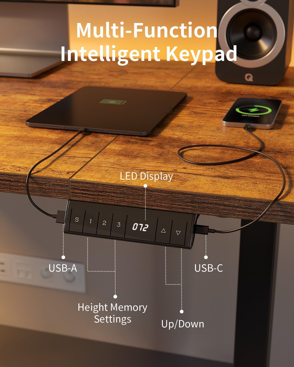 Detalle de FEZIBO Höhenverstellbarer Schreibtisch 160 x 80 cm – elektrisch, USB-A/USB-C, FSC-Holz, Braun