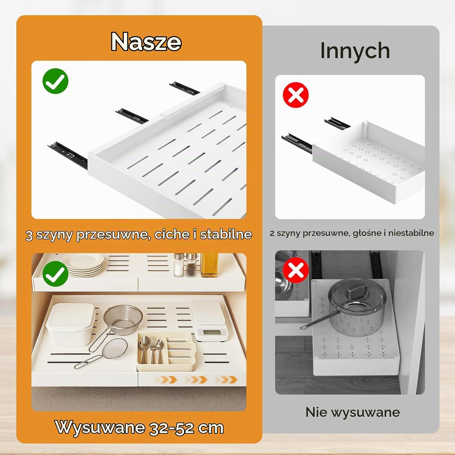 Detalle 2 de Cozary Retractable Pull Out Drawer – teleskopowa szuflada kuchenna 32–52 cm