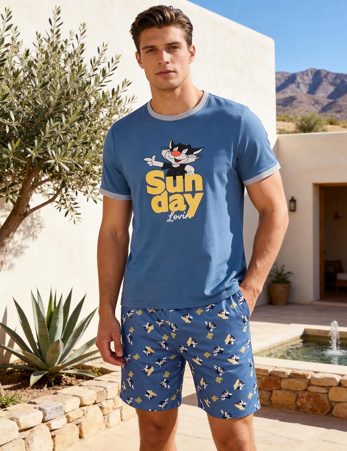 Detalle de Demegimi Mens Short Pyjama Set – Summer Nightwear in Soft Graphic Print