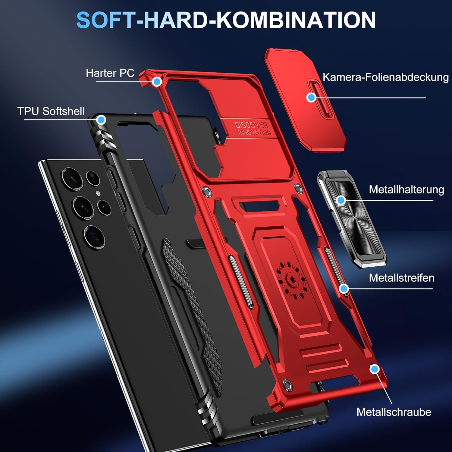Thumbnail 5 de Handyhülle Samsung Galaxy S22 Ultra mit Slide Camera – 360° Metallring, Stoßfest und Ständer (Rot)