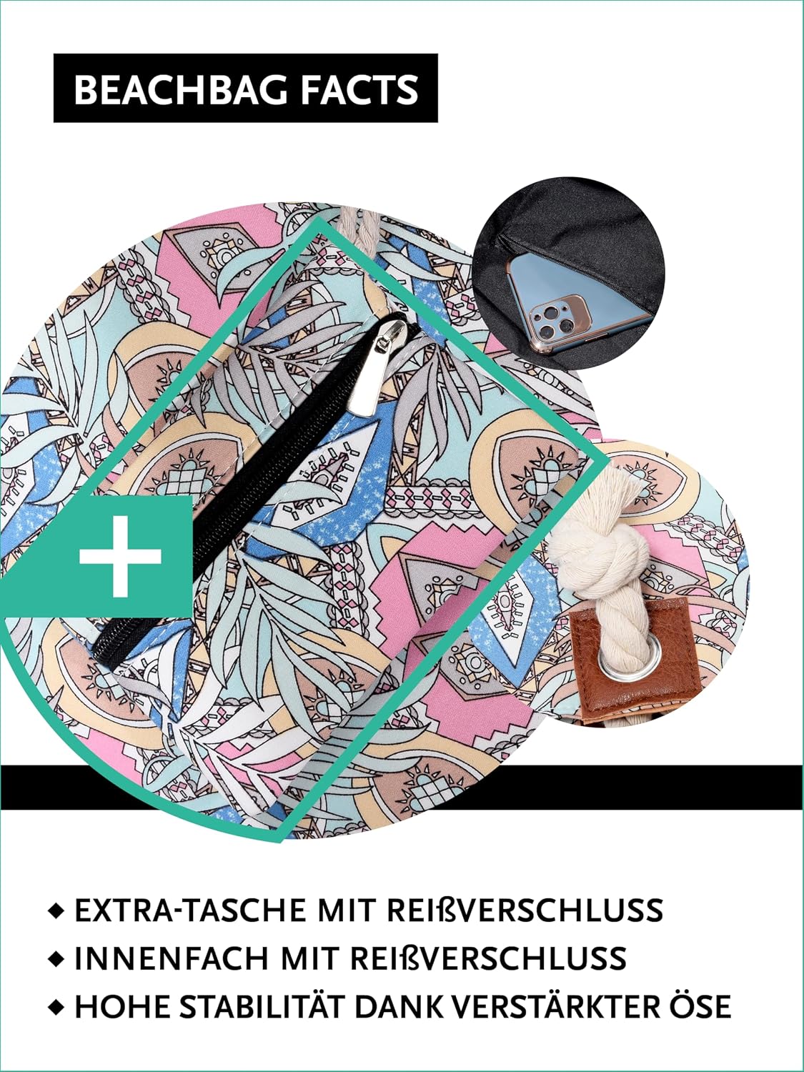 Detalle de DonDon Strandtasche mit Reißverschluss XXL – Große Shopper Tasche für Strand und Alltag